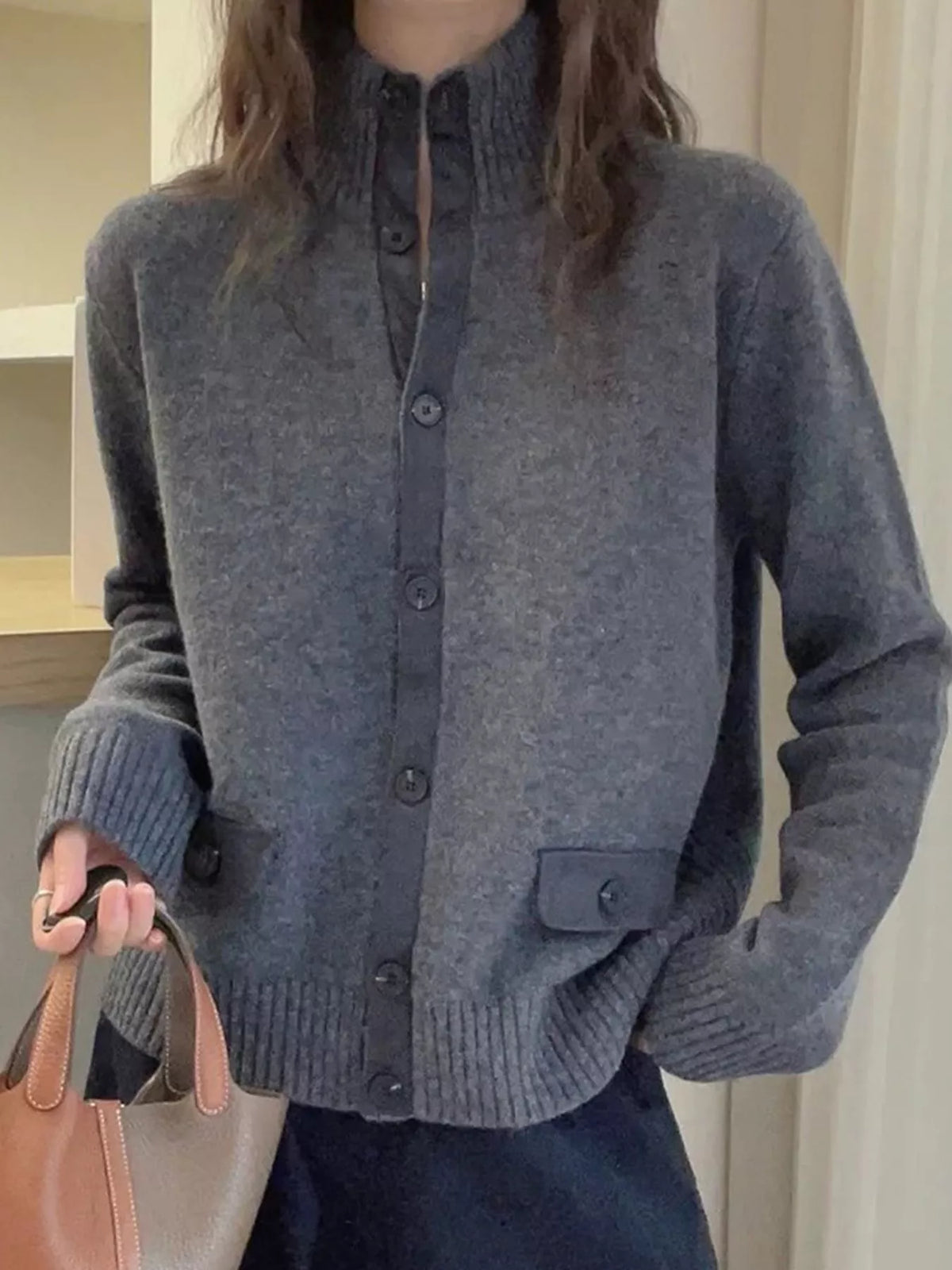ribbed-knit mock neck cardigan – buttoned,pocketed fit | dropsona - neutral - packaging