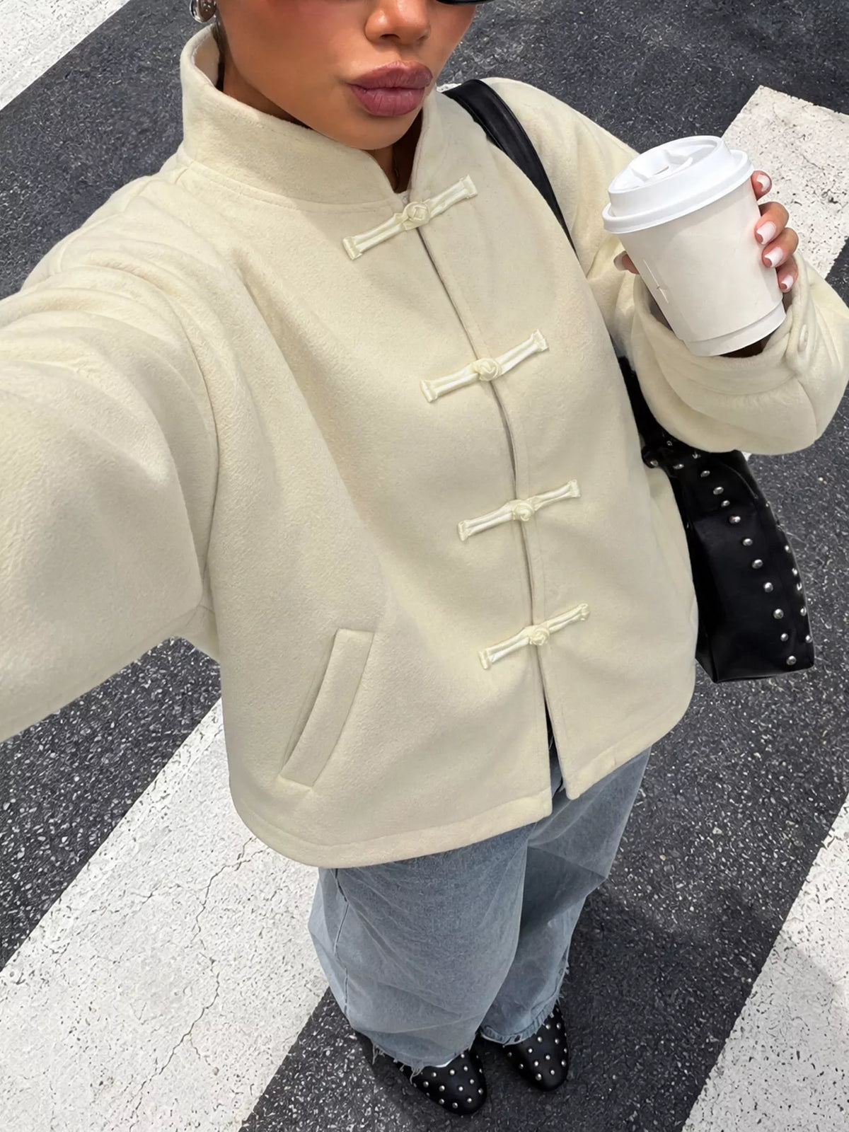 frog button dropped shoulder jacket – buttoned | dropsona - neutral - packaging
