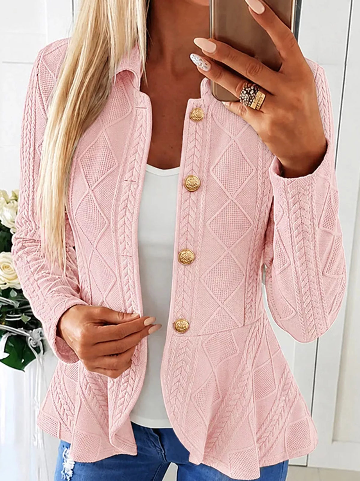 cable-knit button up cardigan | dropsona polyester 100% - neutral - front view