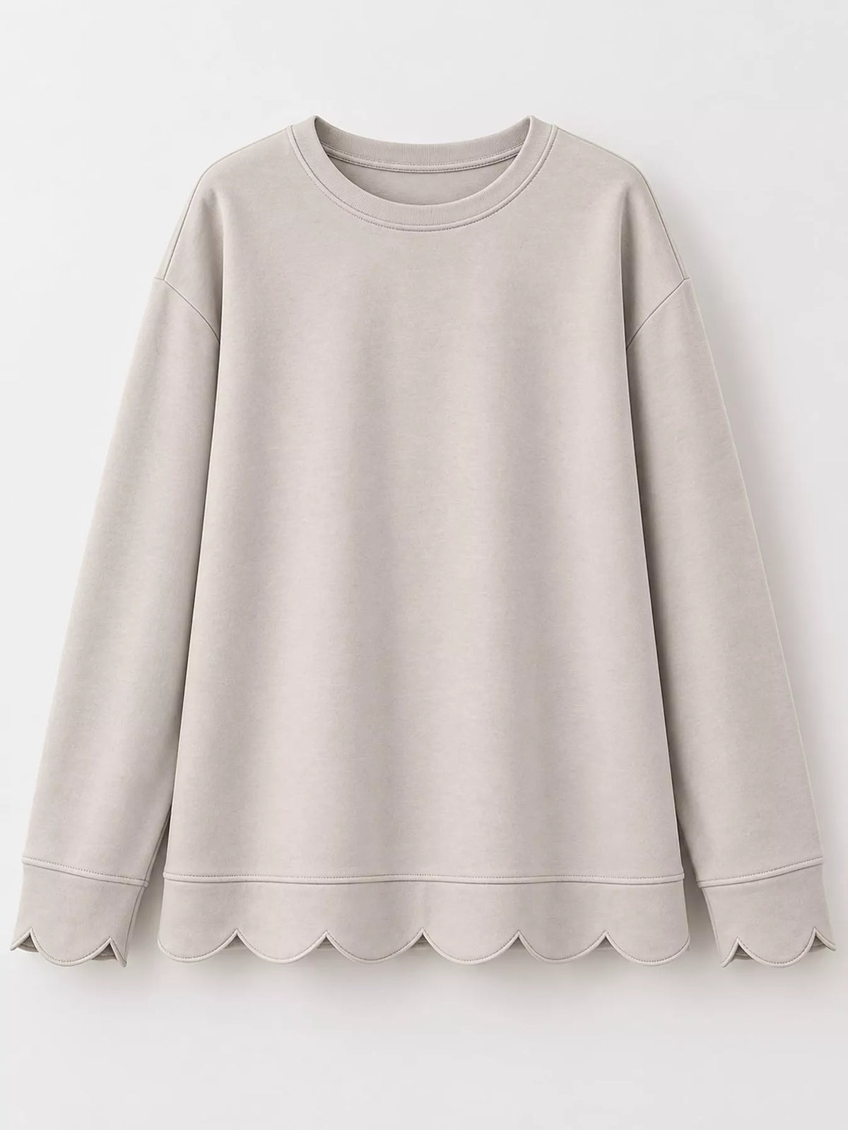full size casual scalloped hem crewneck sweatshirt | dropsona - neutral - material texture