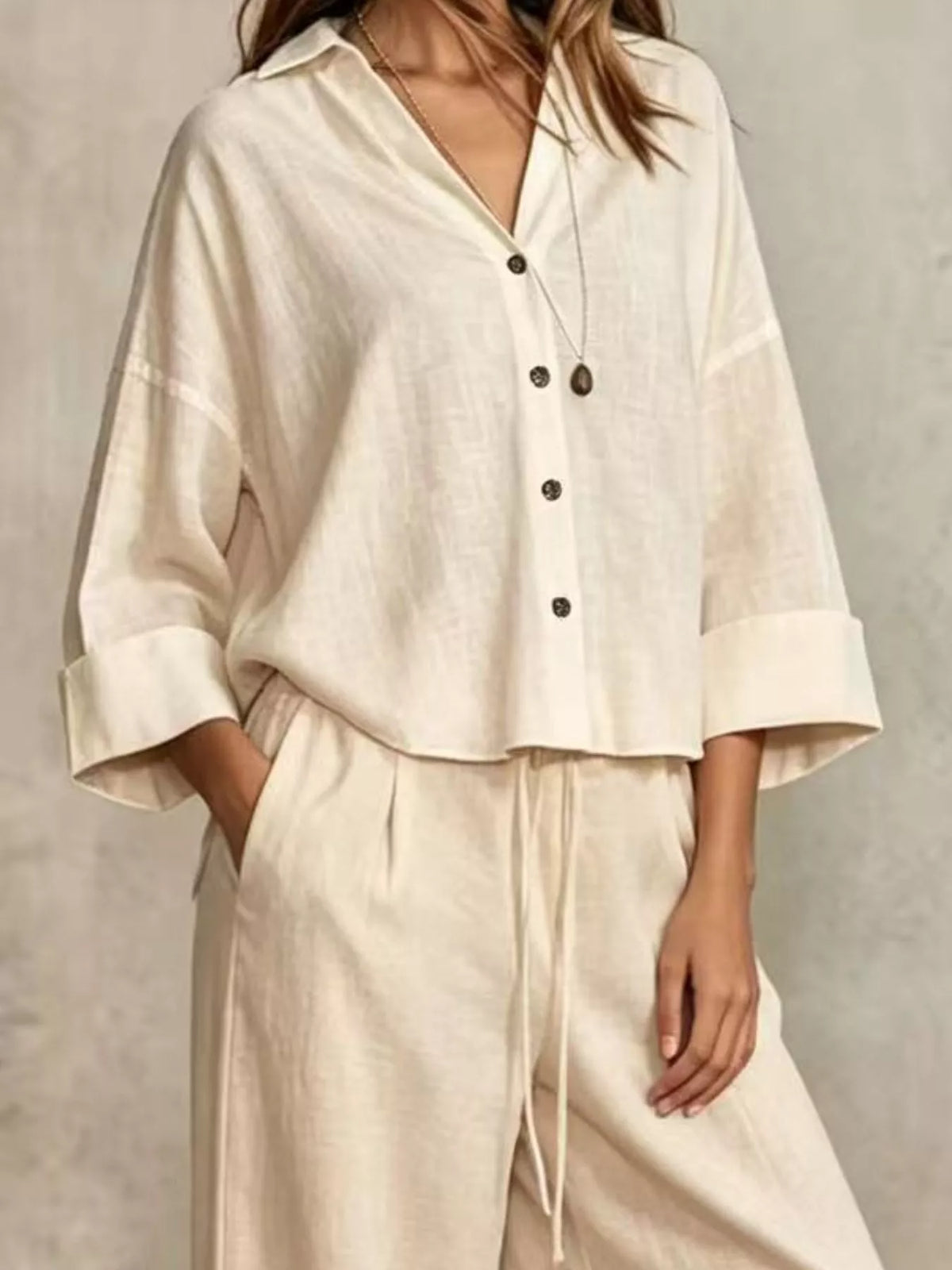 full size button-down shirt and wide-leg pants set | dropsona - neutral - front view