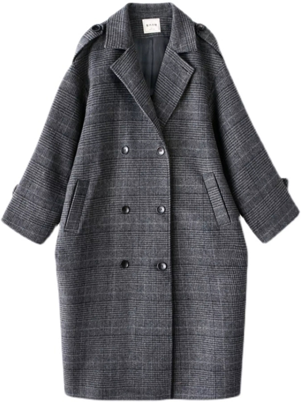 plaid double-breasted longline overcoat | dropsona - neutral - material texture