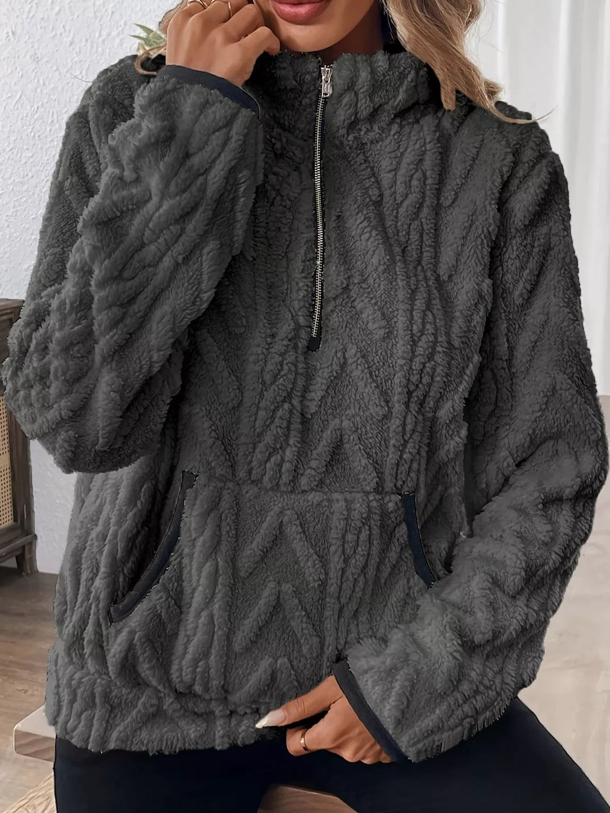 full size quarter-zip sherpa sweatshirt plus | dropsona - neutral - size reference