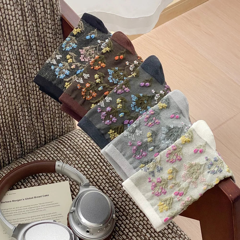 5 pair vintage floral embroidered crew socks – candy | dropsona - neutral - everyday use