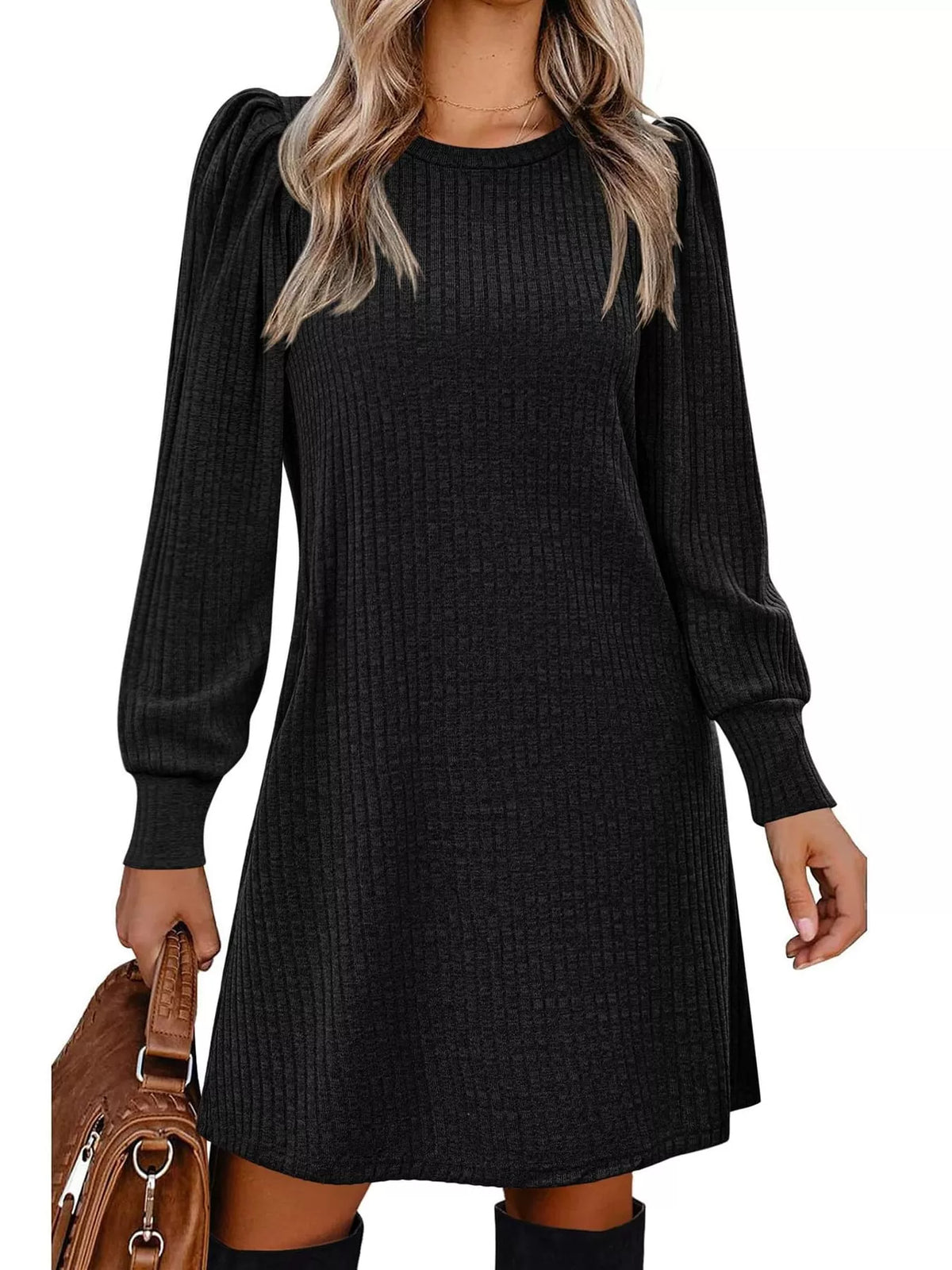 puff sleeve ribbed knit dress with pockets | dropsona - neutral - packaging
