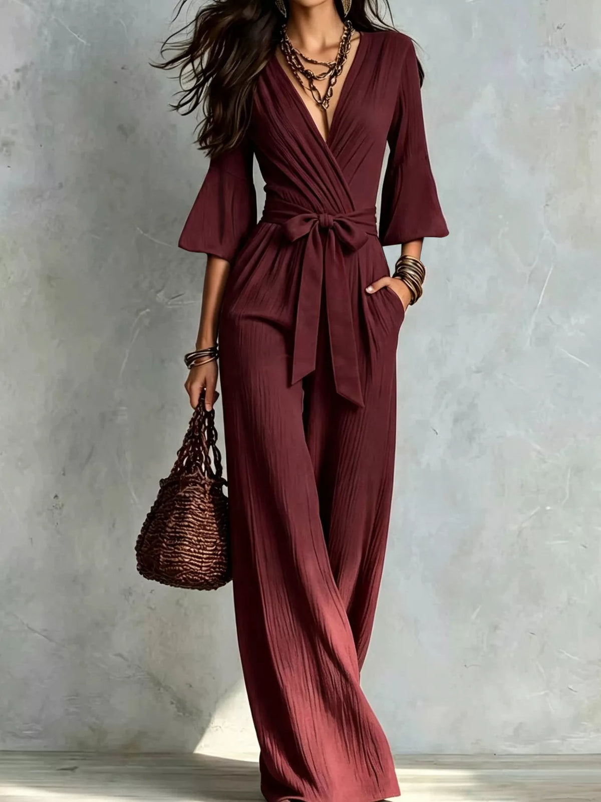 pleated wide-leg jumpsuit with tie-waist | dropsona - neutral - size reference