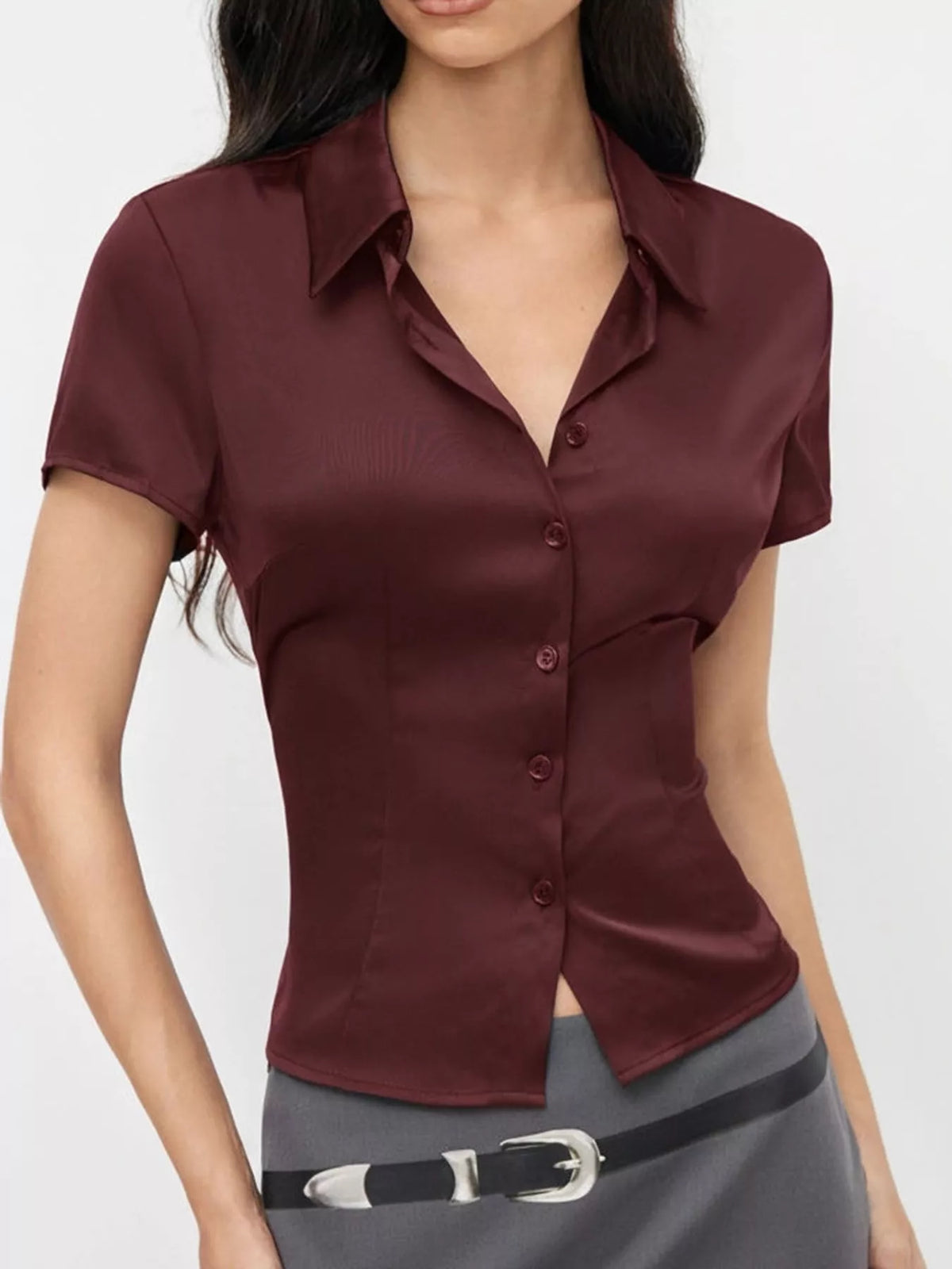 satin short sleeve button-down shirt | dropsona - neutral - usage example