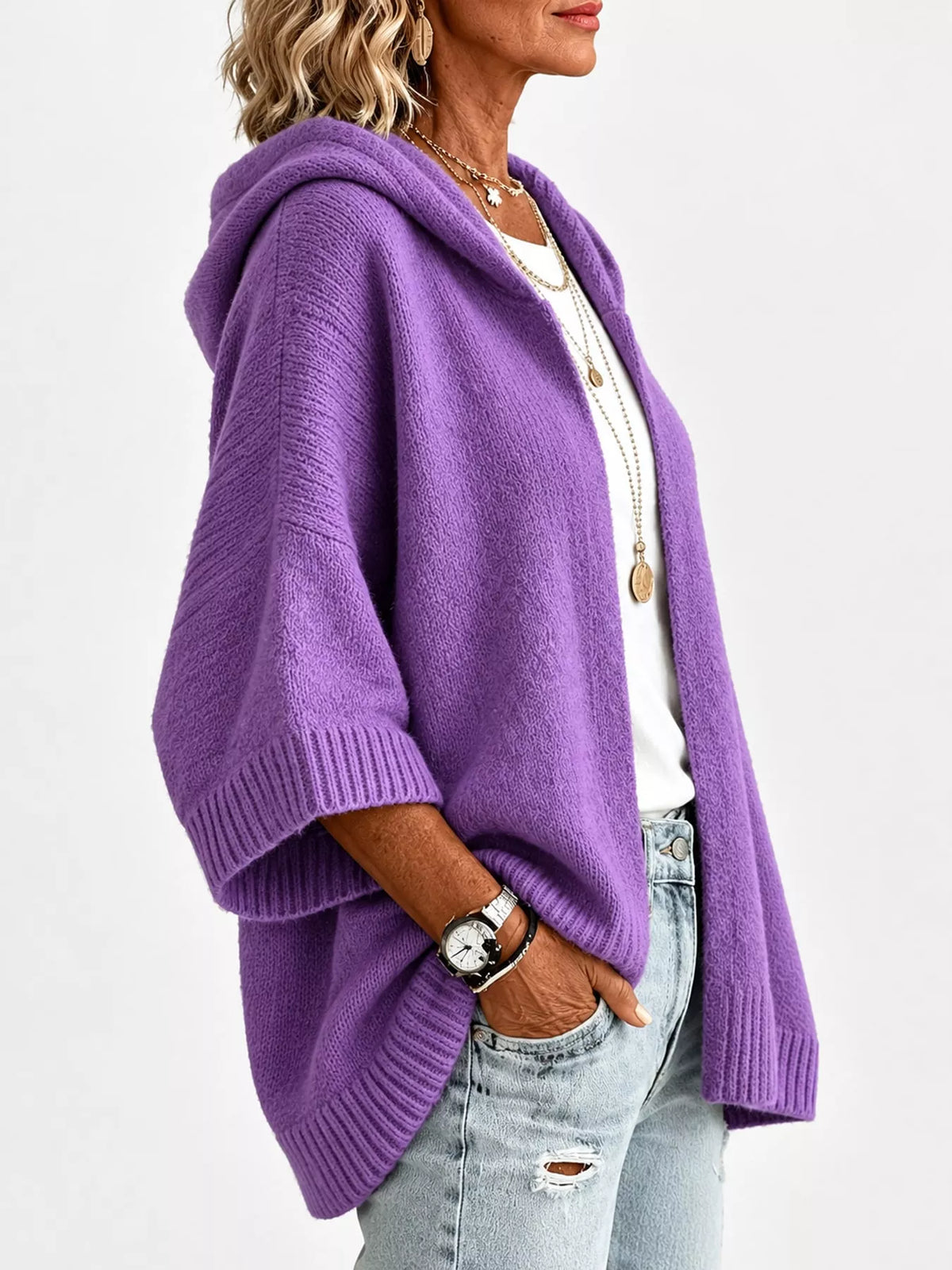 full size hooded open-front knit cardigan plus | dropsona - neutral - usage example