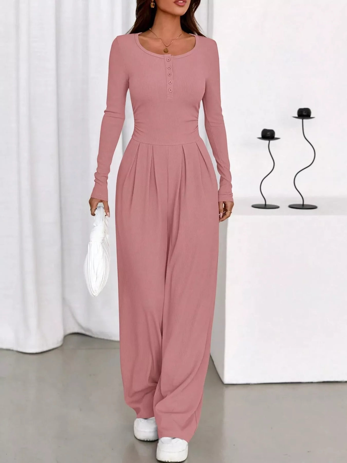 long sleeve ribbed knit wide leg jumpsuit | dropsona - neutral - packaging