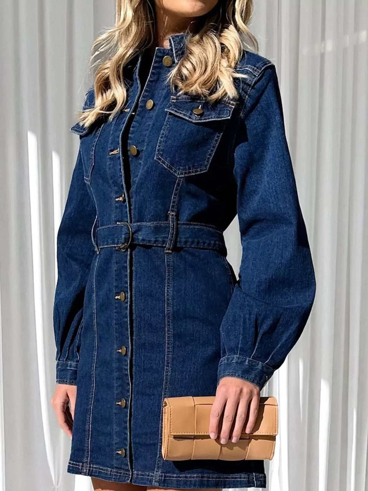 button-down denim dress with belted waist and long | dropsona - neutral - usage example