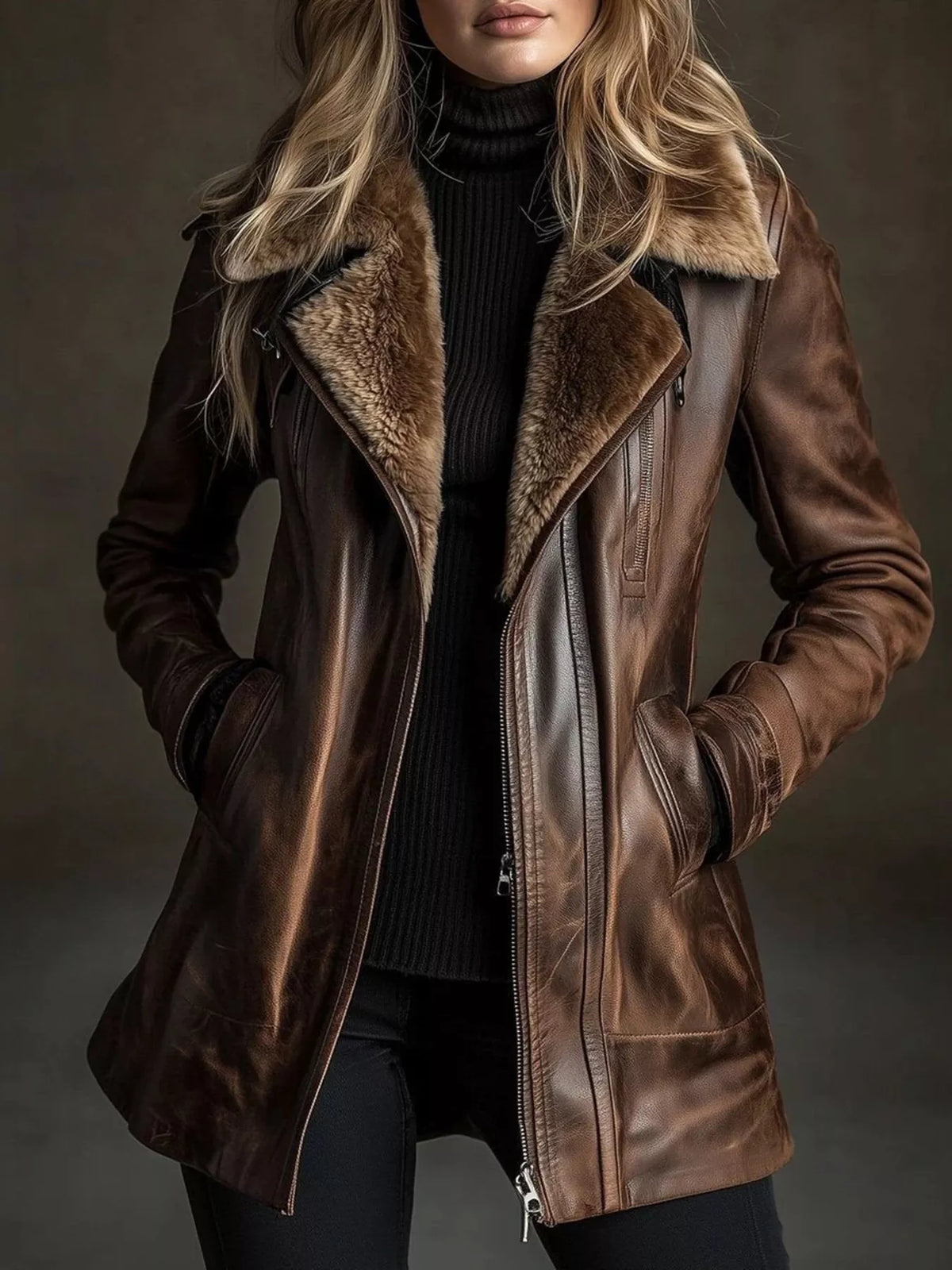 full size vintage zip up leather outerwear plus | dropsona - neutral - everyday use