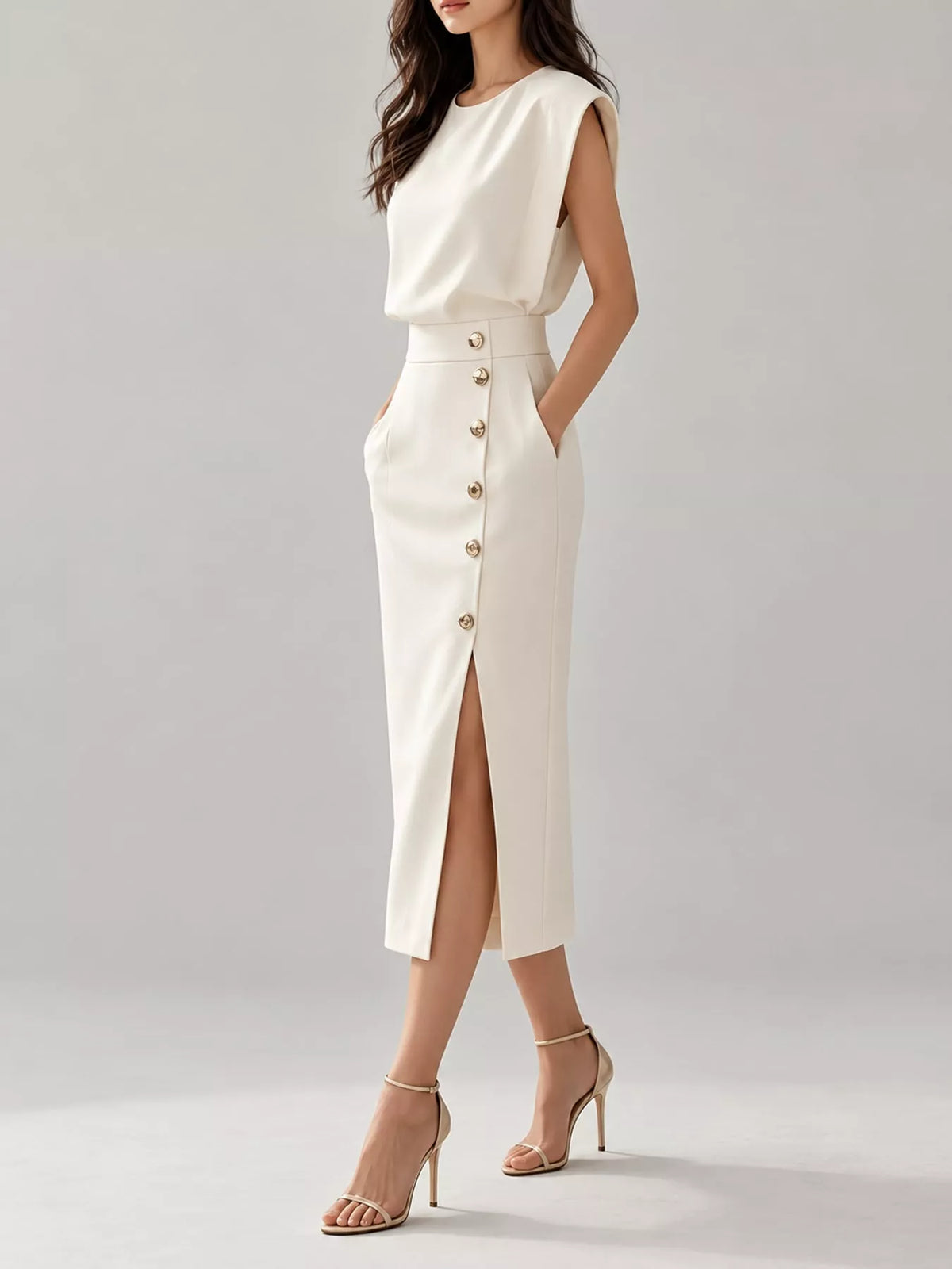 sleeveless midi dress with gold button detail and | dropsona - neutral - material texture