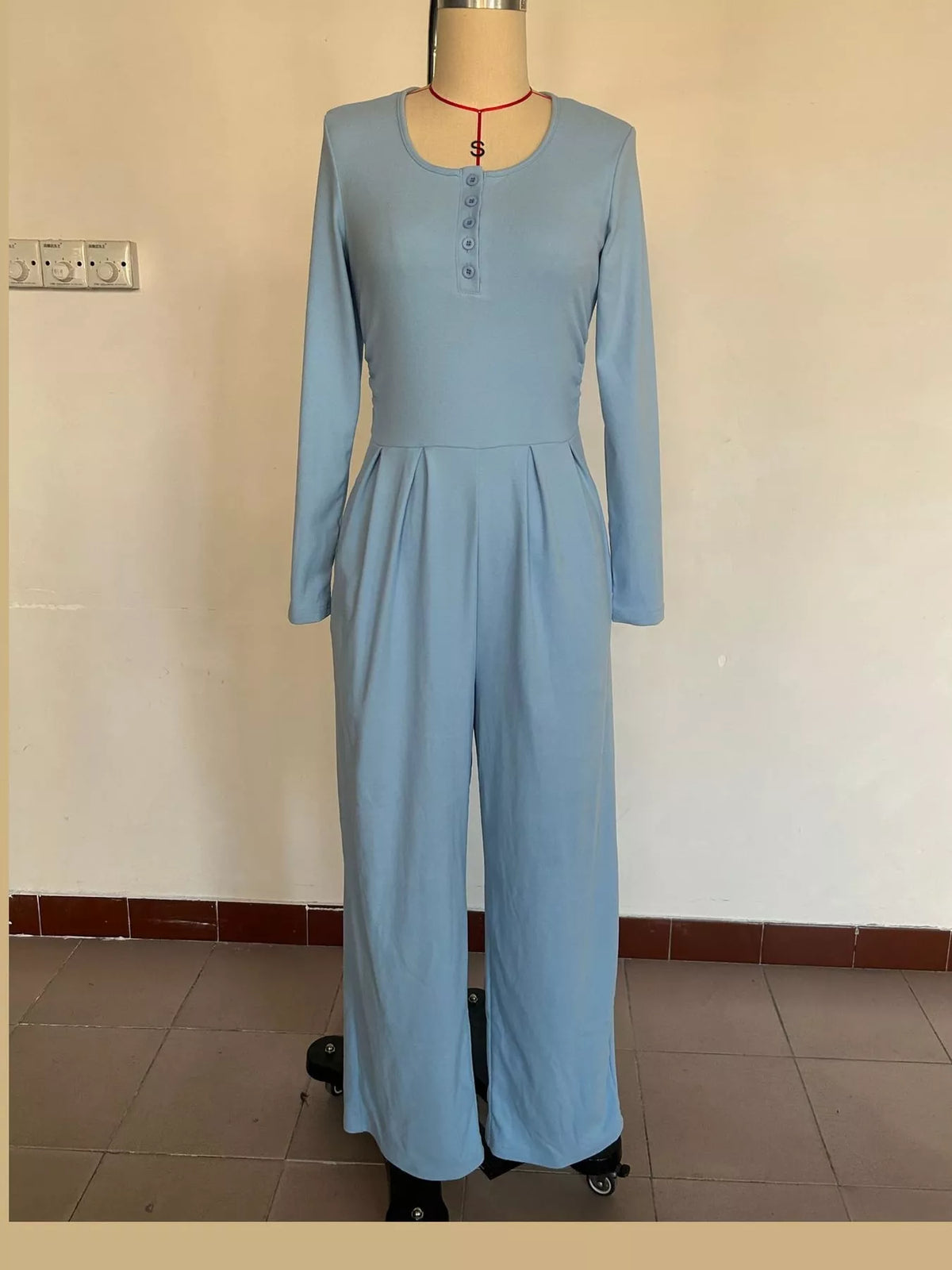 long sleeve ribbed knit wide leg jumpsuit | dropsona - neutral - packaging