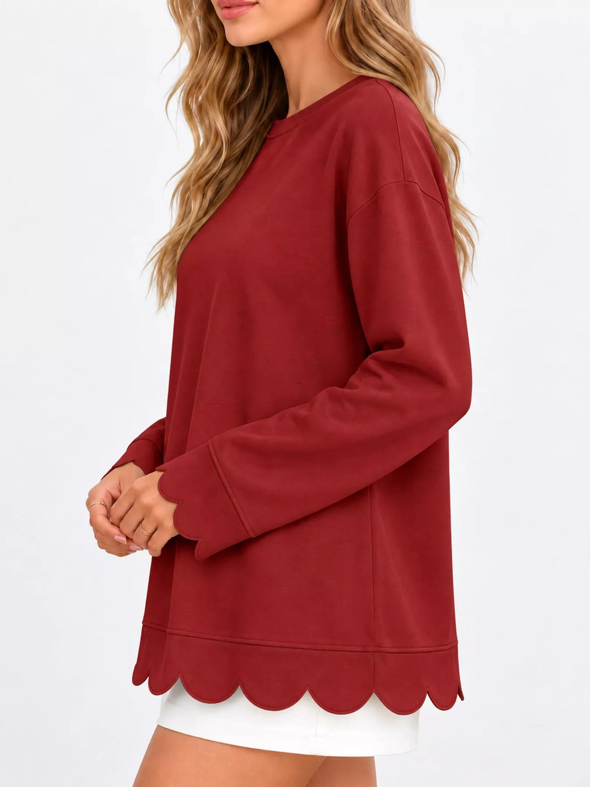 full size casual scalloped hem crewneck sweatshirt | dropsona - neutral - packaging