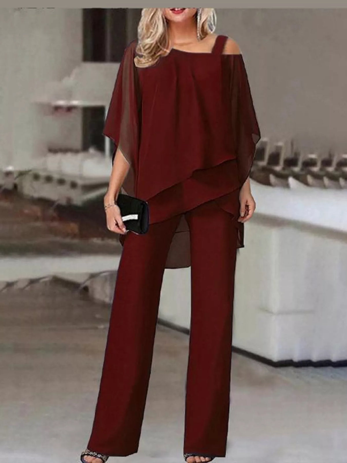 full size cold-shoulder layered top and wide-leg | dropsona - neutral - size reference