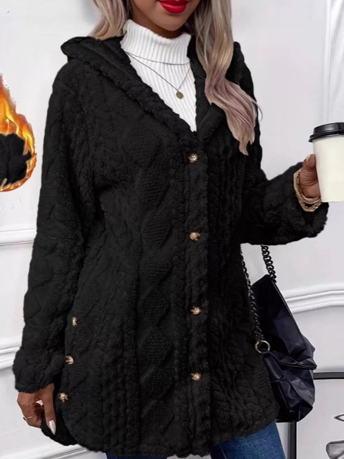 full size cozy cable-knit faux fur hooded outerwear | dropsona - neutral - material texture