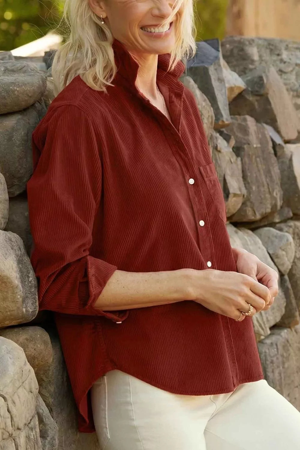 adjustable cuff long sleeve corduroy shirt | dropsona - neutral - close-up detail