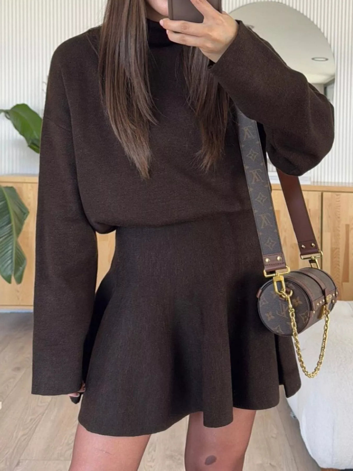 mock neck knit top and flared skirt set | dropsona - neutral - close-up detail