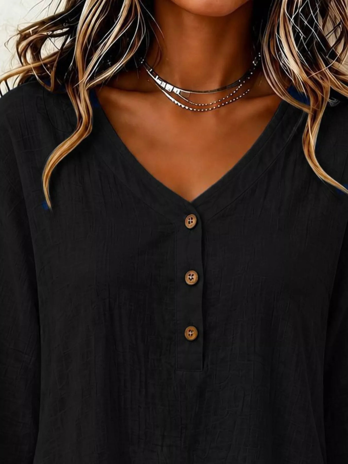 v-neck long sleeve button detail ruffled hem blouse | dropsona - neutral - front view