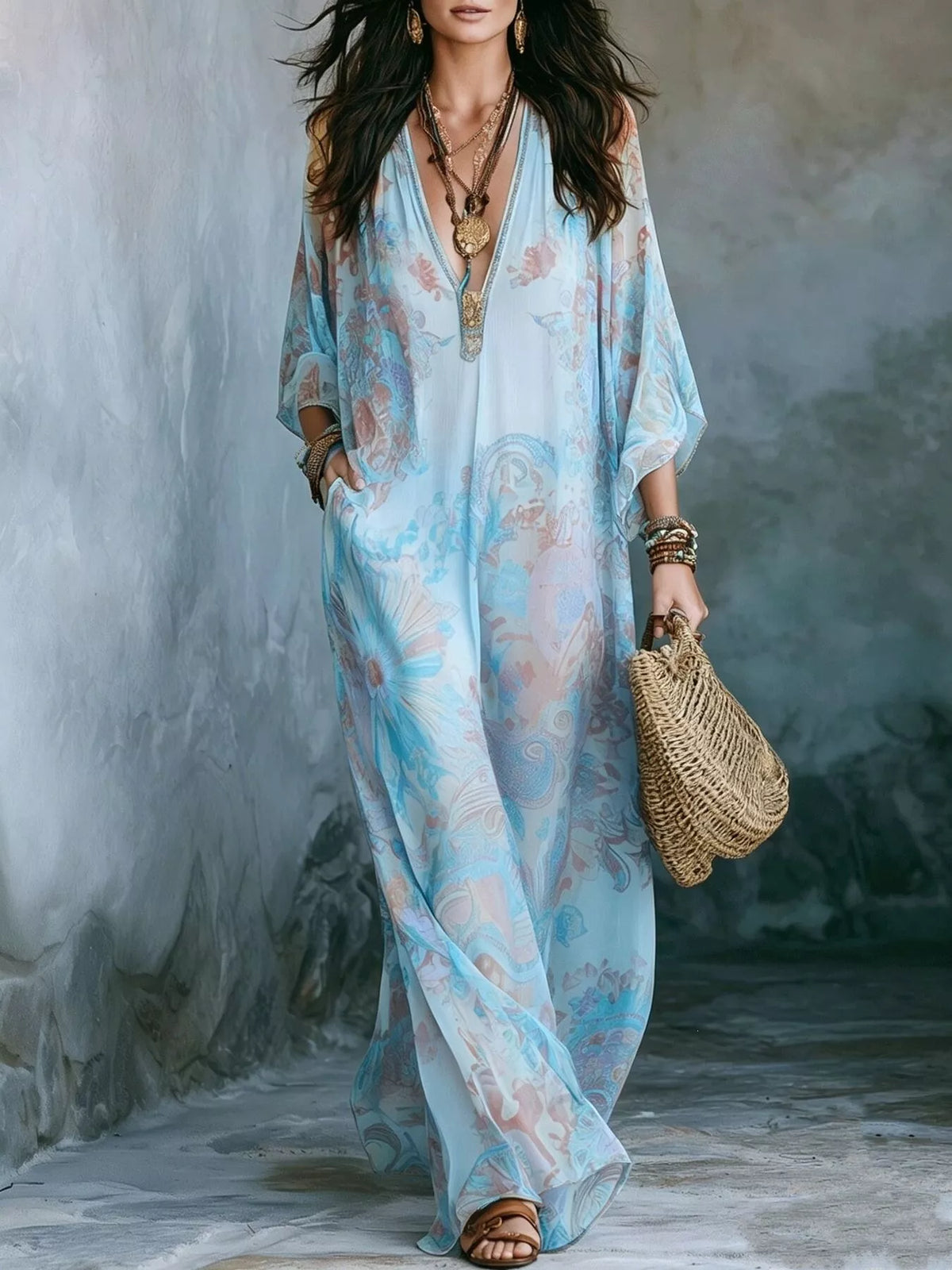 full size floral print v-neck maxi dress plus | dropsona - neutral - front view