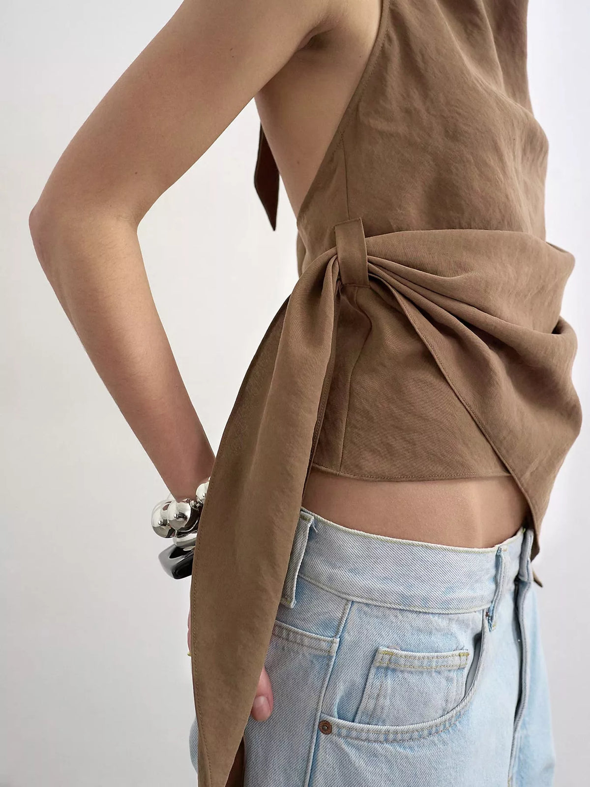 elegant halter neck draped tank top | dropsona - neutral - close-up detail