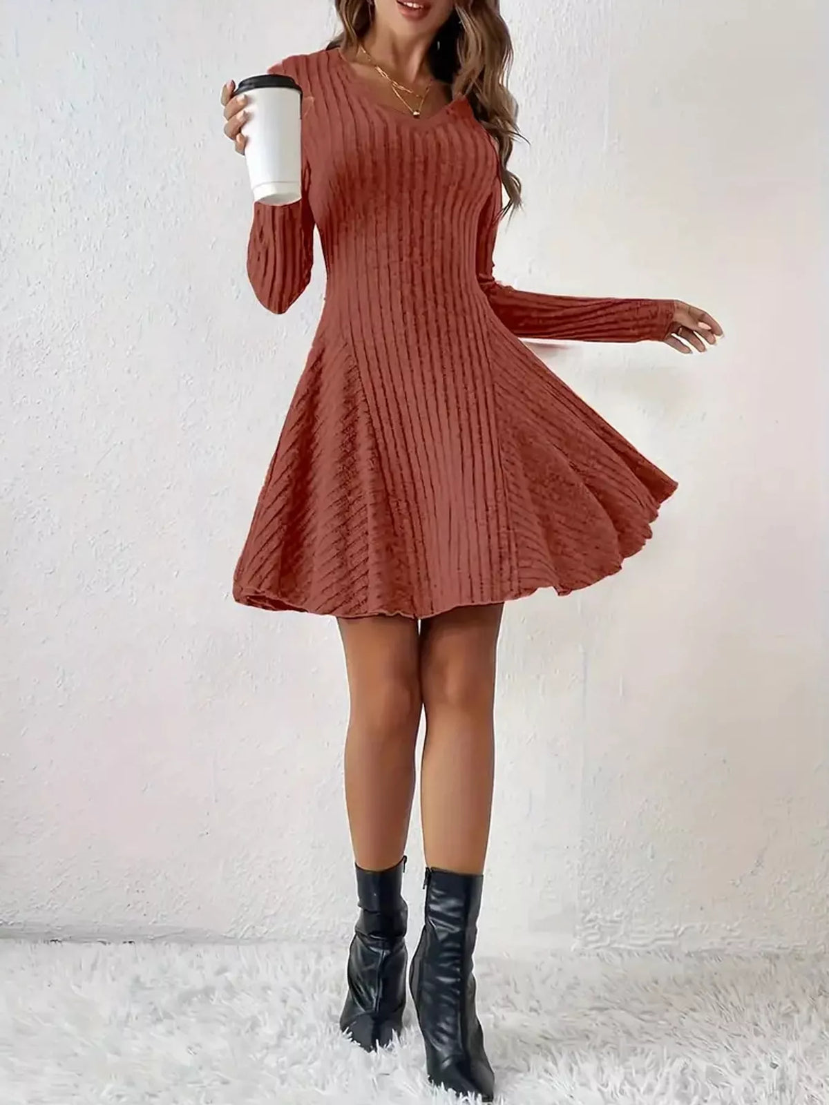 v-neck ribbed knit a-line dress – | dropsona - neutral - size reference