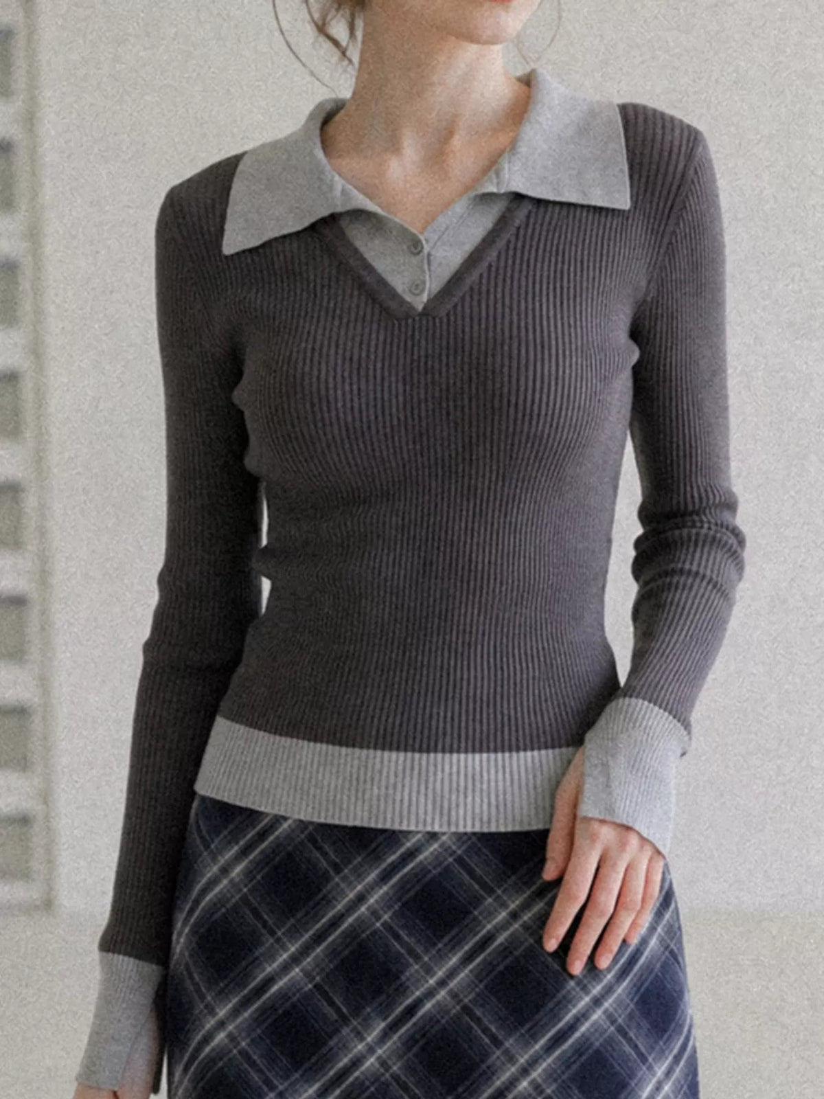 contrast collar ribbed knit top with button detail | dropsona - neutral - front view