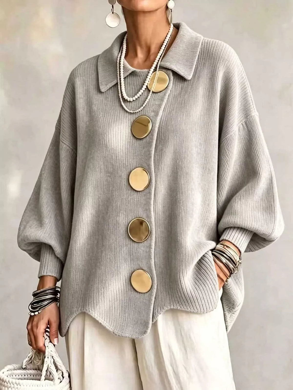 full size ribbed knit gold buttons cardigan plus | dropsona - neutral - material texture