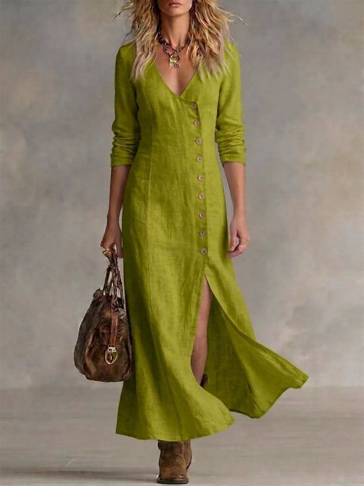 full size button front slit maxi dress plus | dropsona - neutral - close-up detail