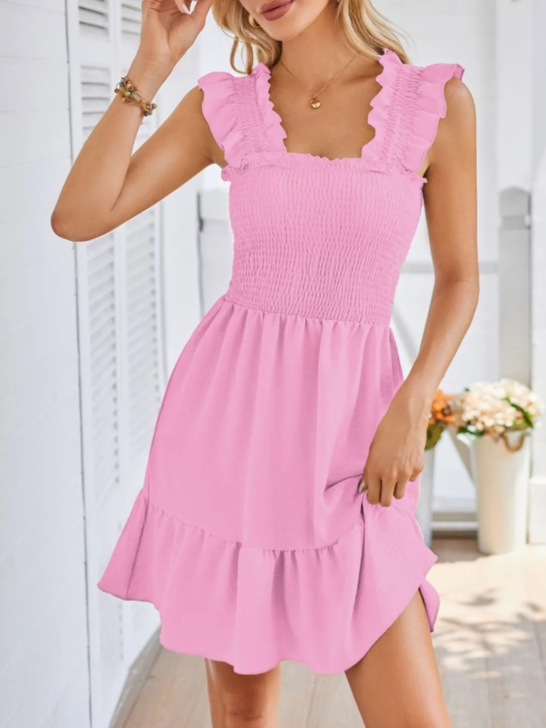 smocked square neck wide strap dress - close-up detail