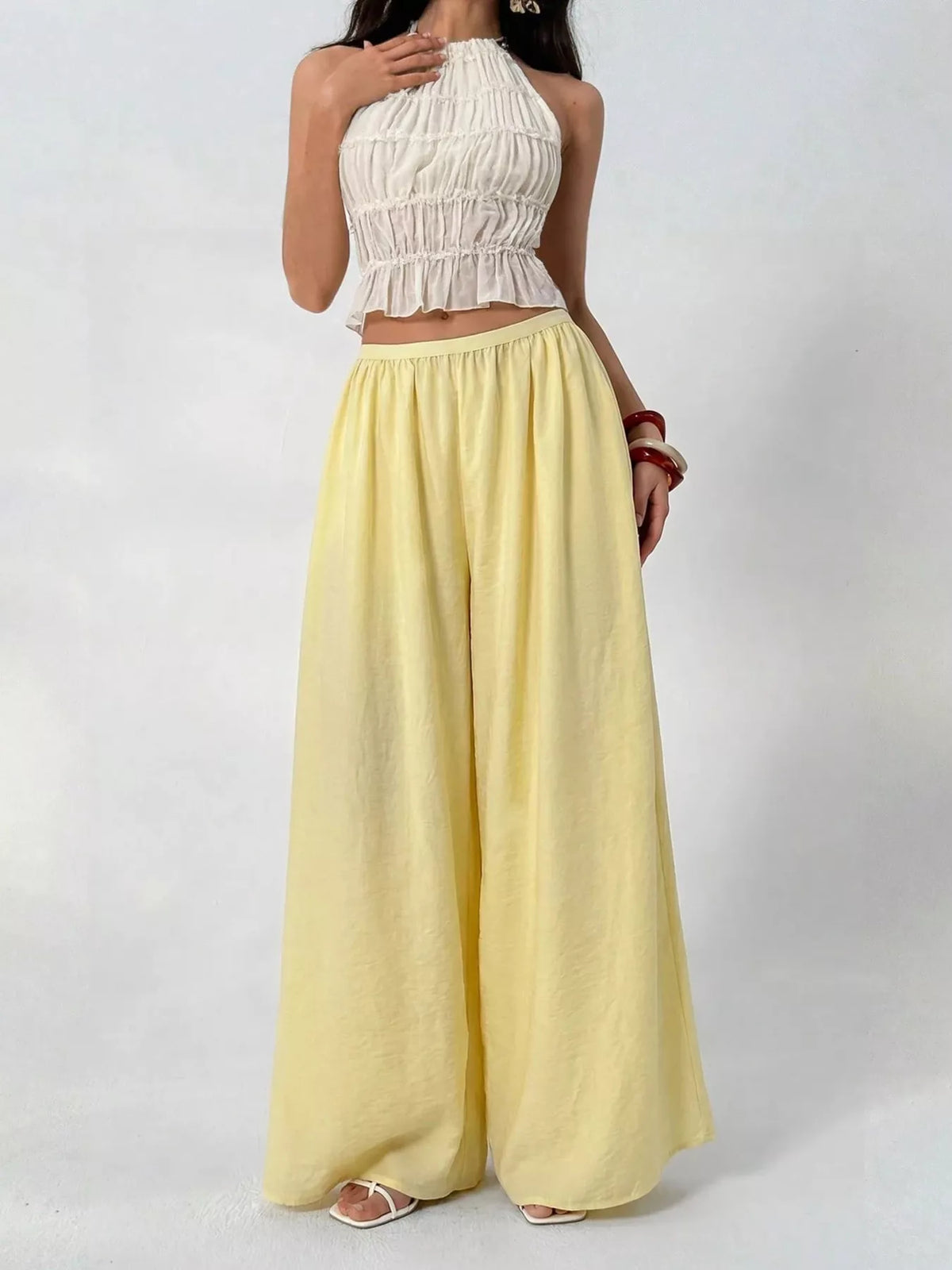 high-waisted wide-leg pleated casual pants | dropsona - neutral - material texture
