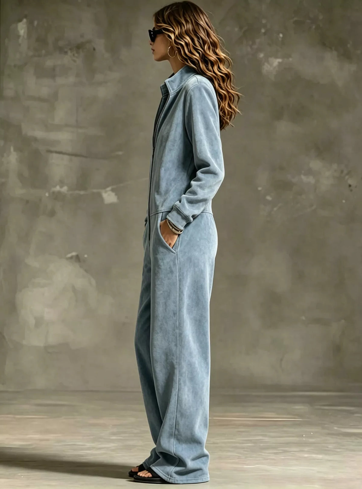 full size chic velour zip-up jumpsuit with pockets | dropsona - neutral - material texture