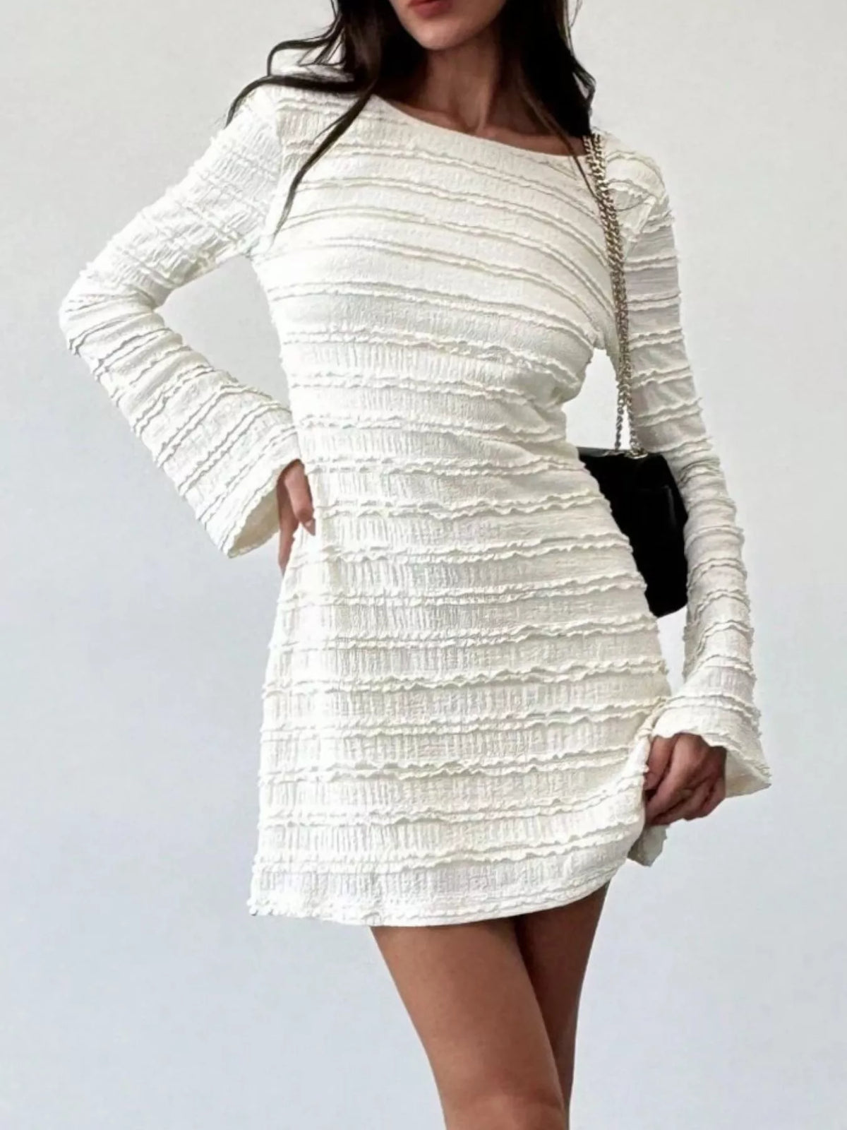 textured flare sleeve bodycon mini dress | dropsona - neutral - size reference