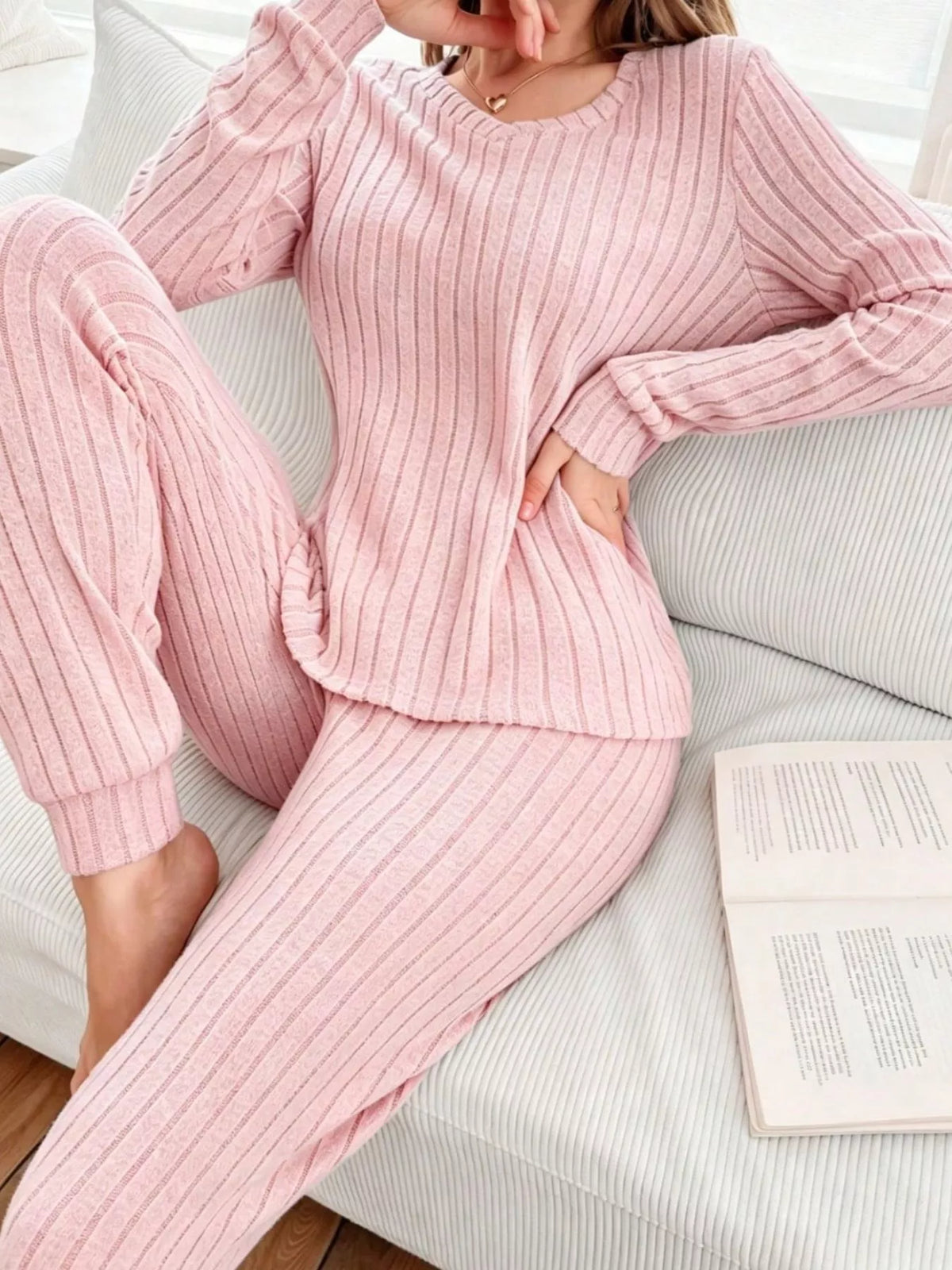 ribbed knit long sleeve top and pants loungewear set | dropsona - neutral - packaging