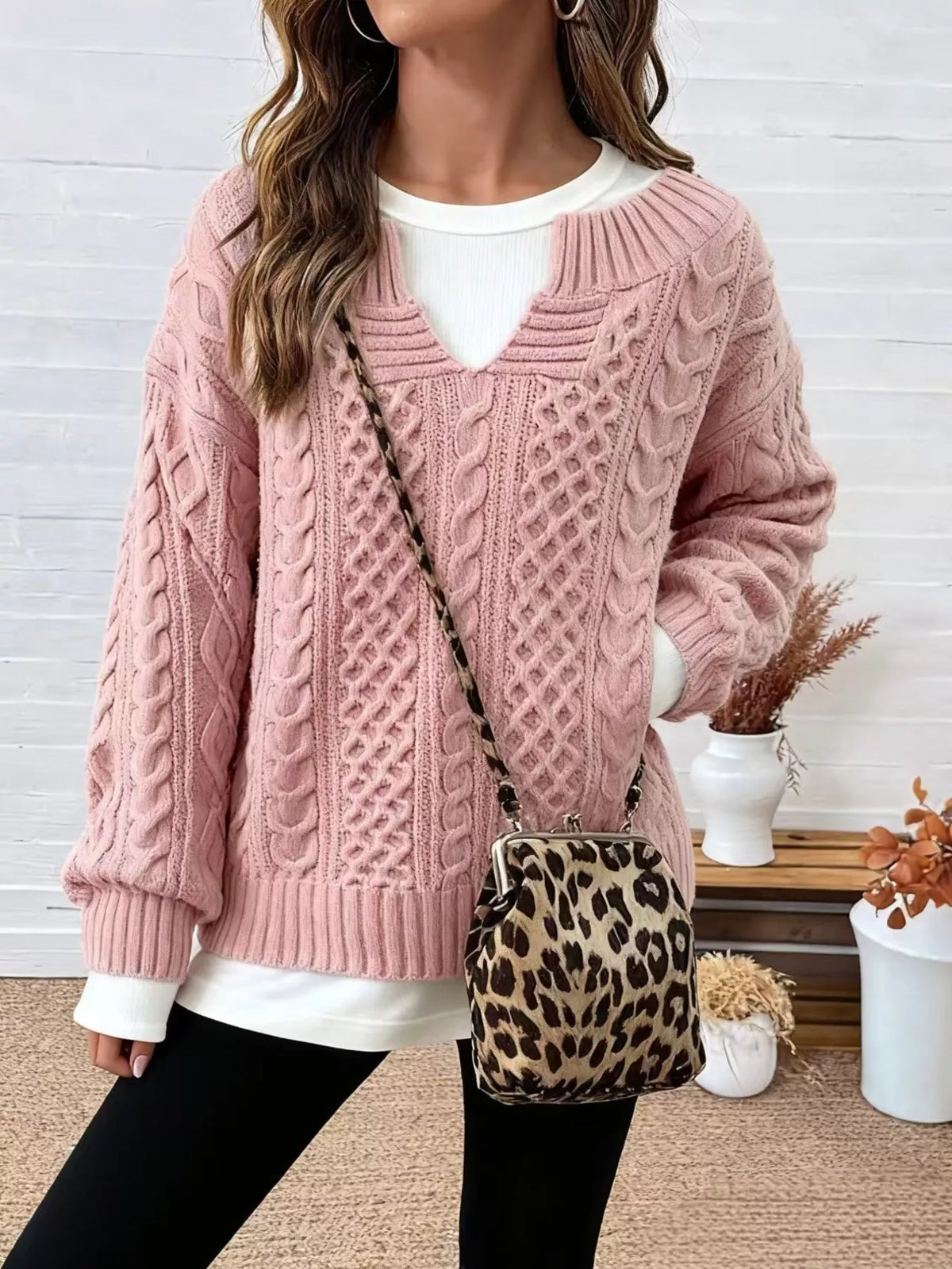 full size cable knit dropped shoulder sweater plus | dropsona - neutral - close-up detail