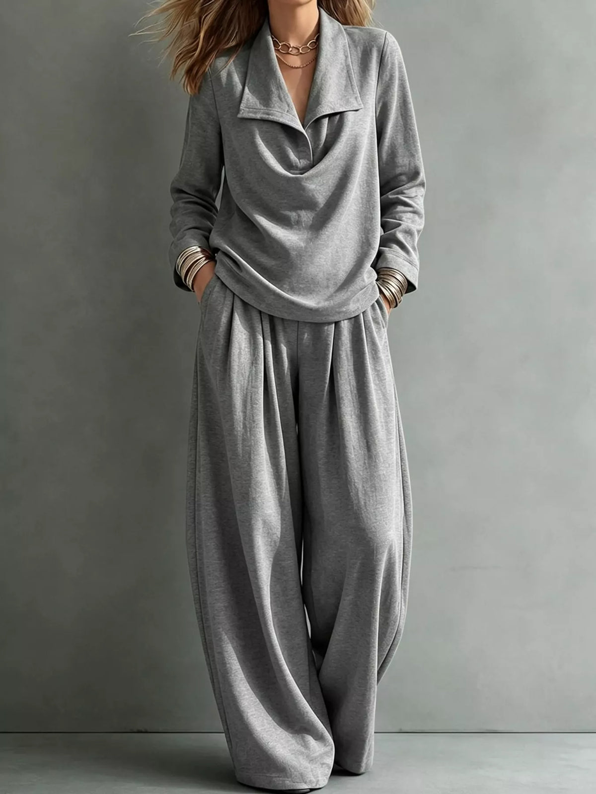full size casual elegant top and wide-leg pants set | dropsona - neutral - close-up detail