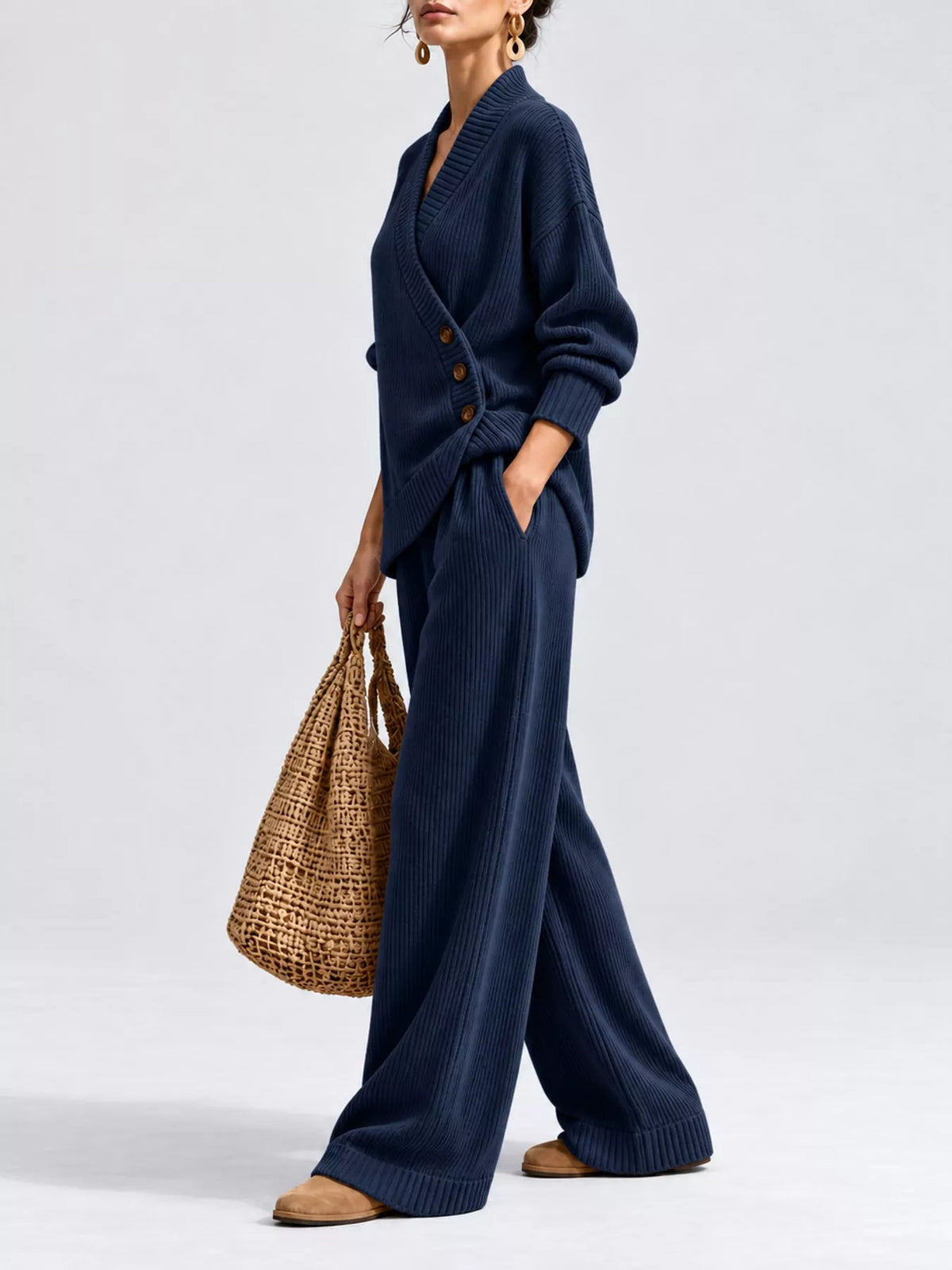 full size elegant v-neck wrap sweater and wide-leg | dropsona - neutral - usage example
