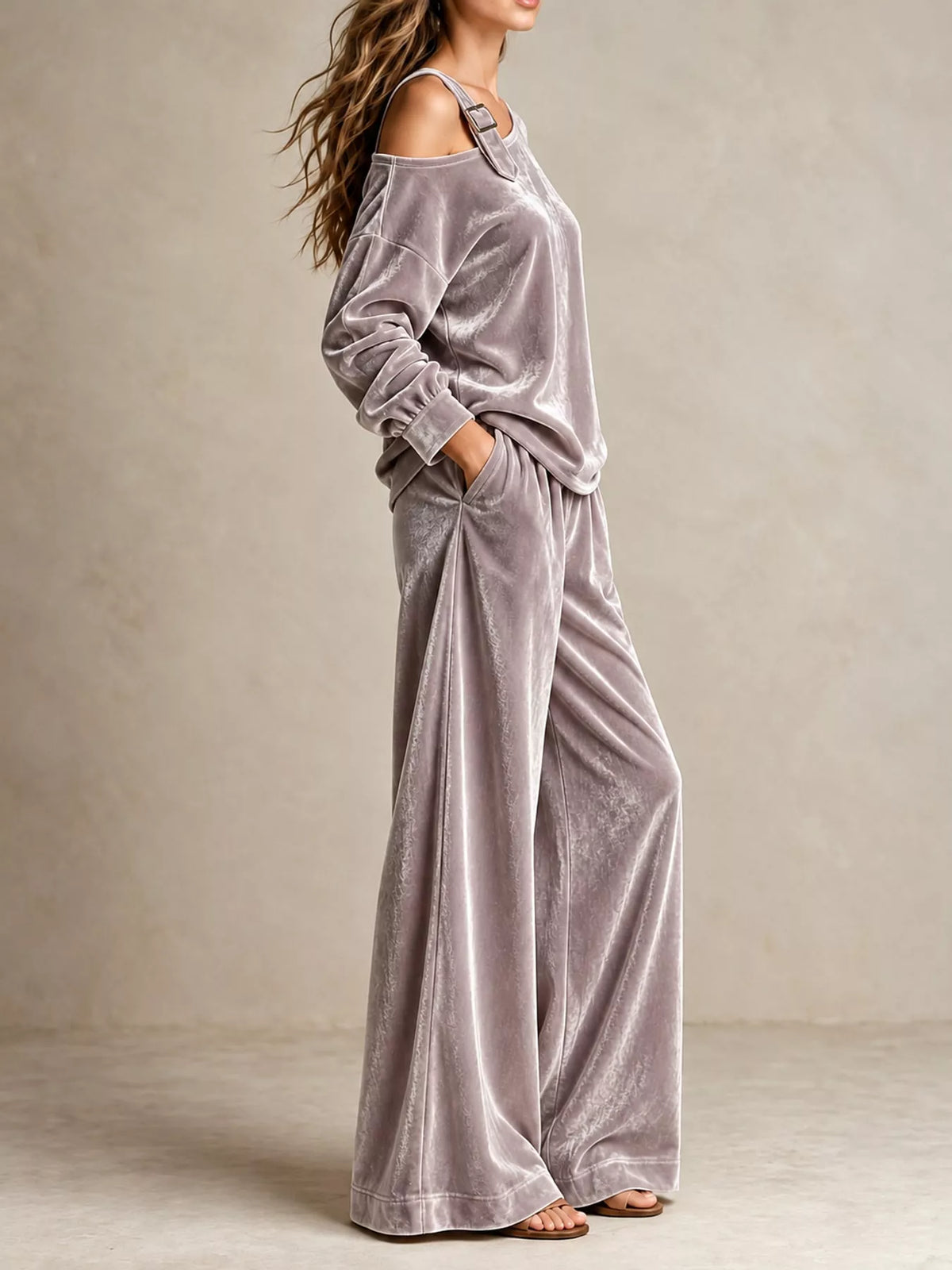 asymmetrical neck top and pants set | dropsona - neutral - packaging
