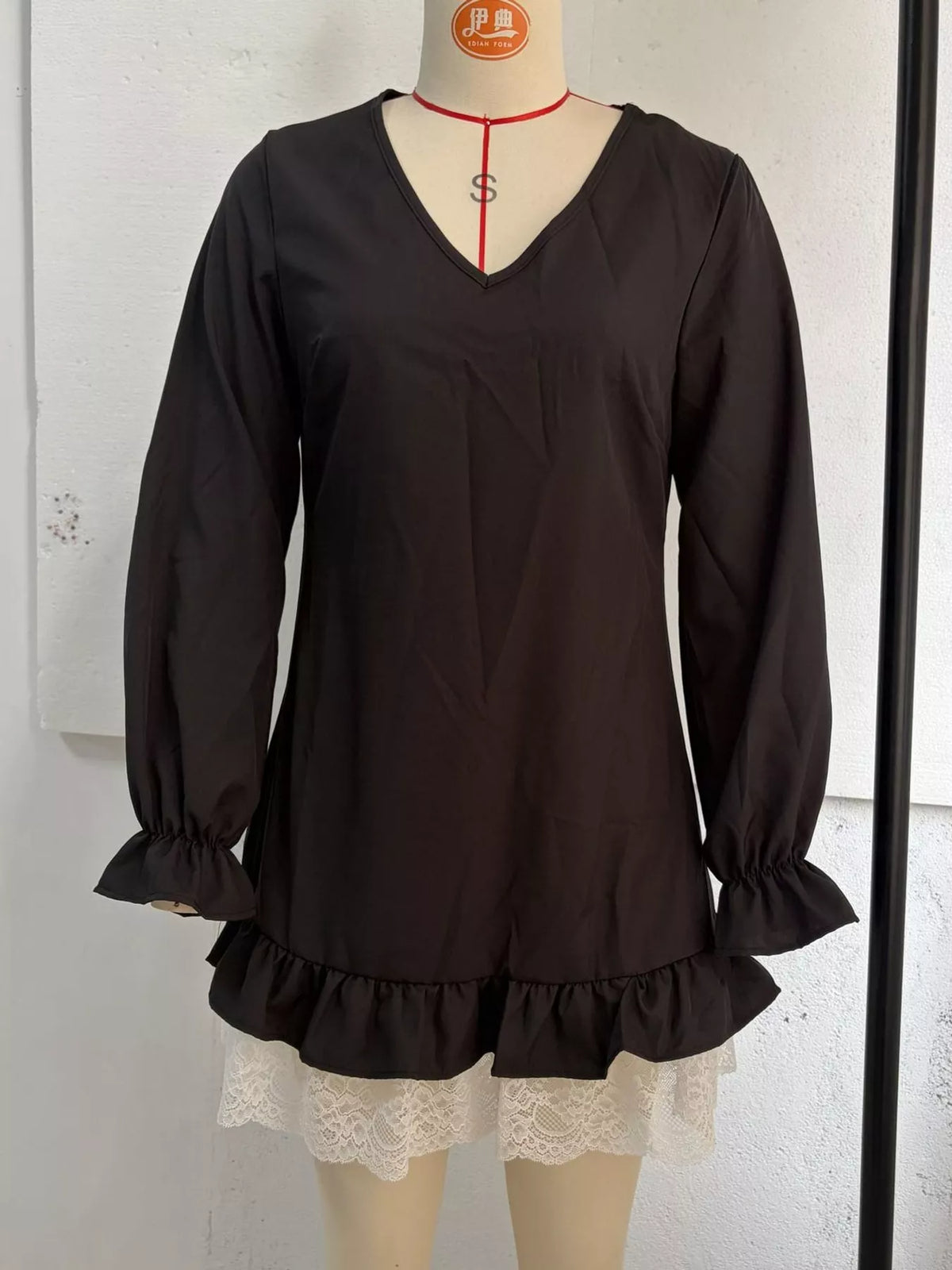 lace hem v-neck flounce sleeve dress | dropsona - neutral - usage example