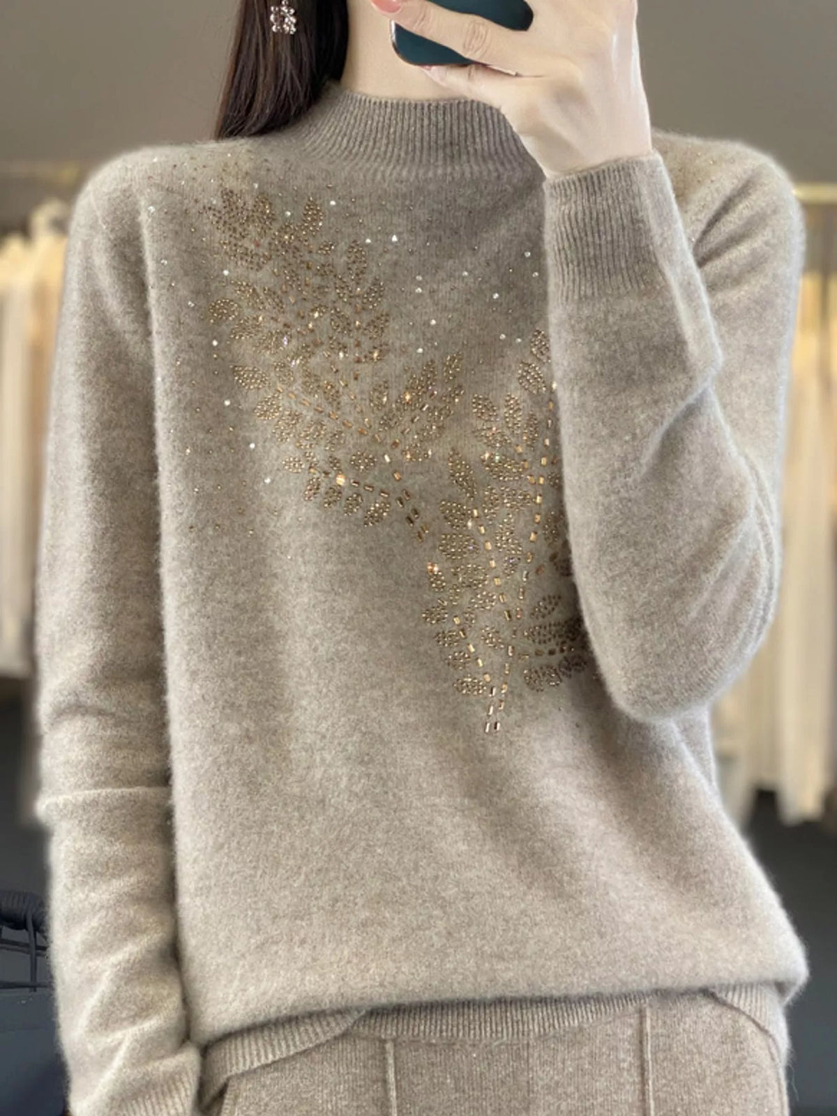rhinestone leaf mock neck sweater | dropsona polyester - neutral - front view