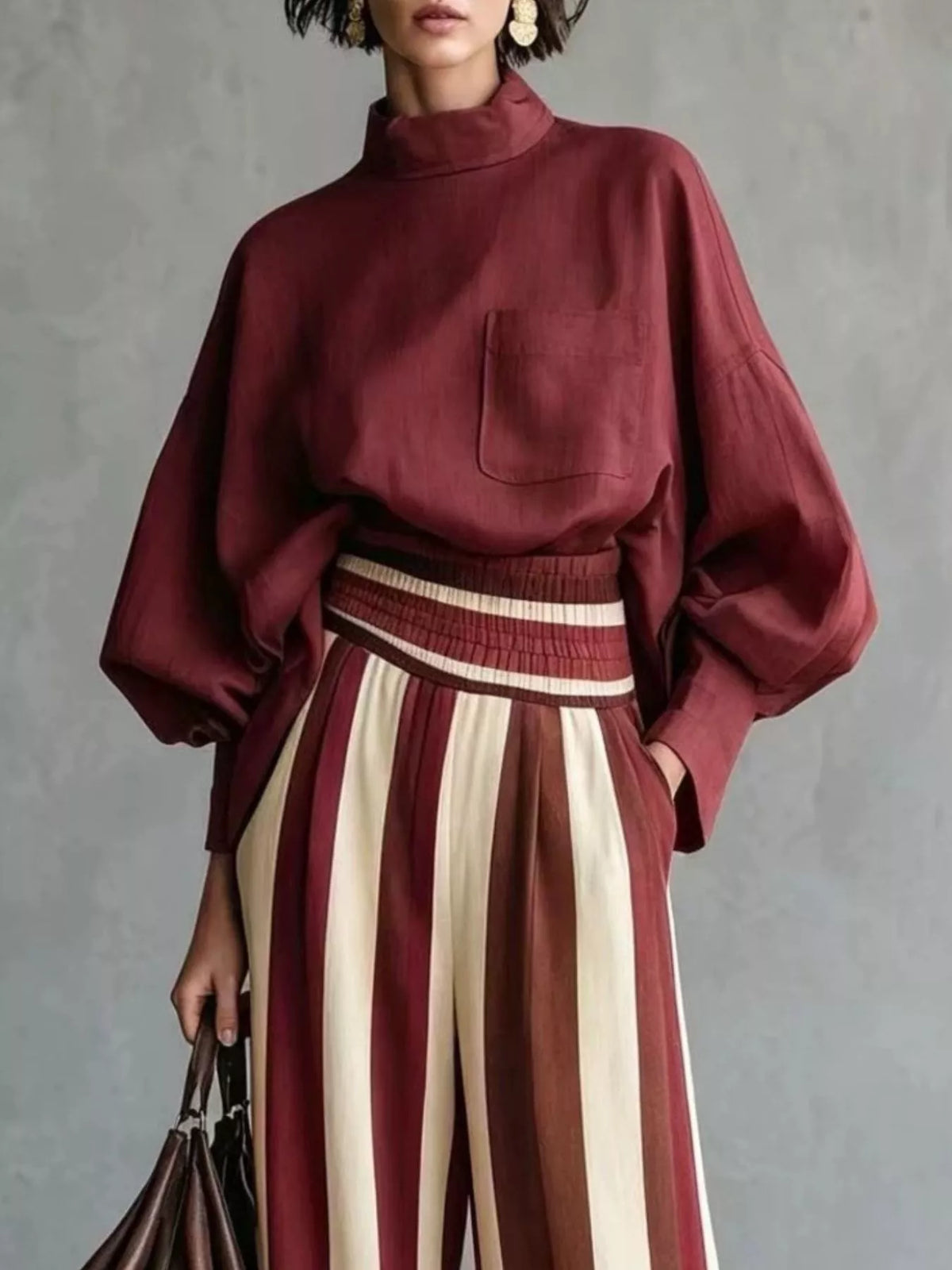 full size mock-neck blouse and striped wide-leg | dropsona - neutral - front view