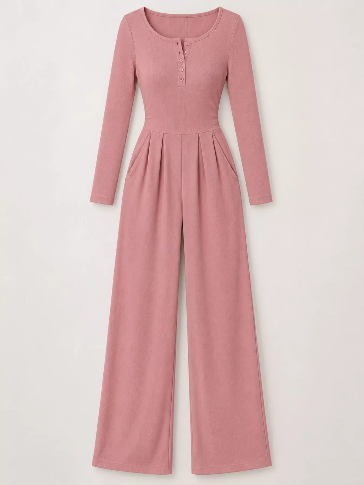 long sleeve ribbed knit wide leg jumpsuit | dropsona - neutral - size reference