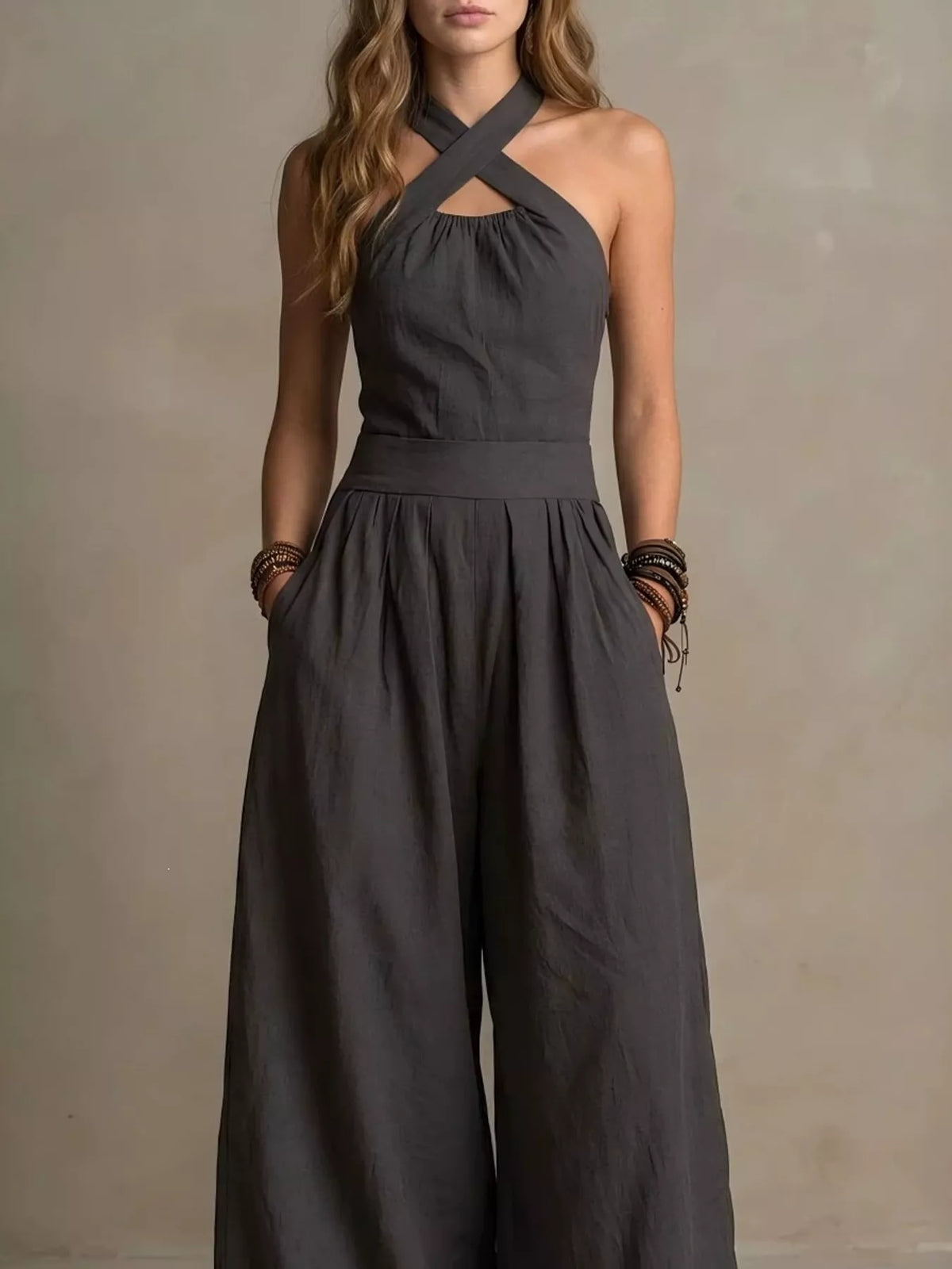 full size halter neck wide-leg jumpsuit plus | dropsona - neutral - material texture
