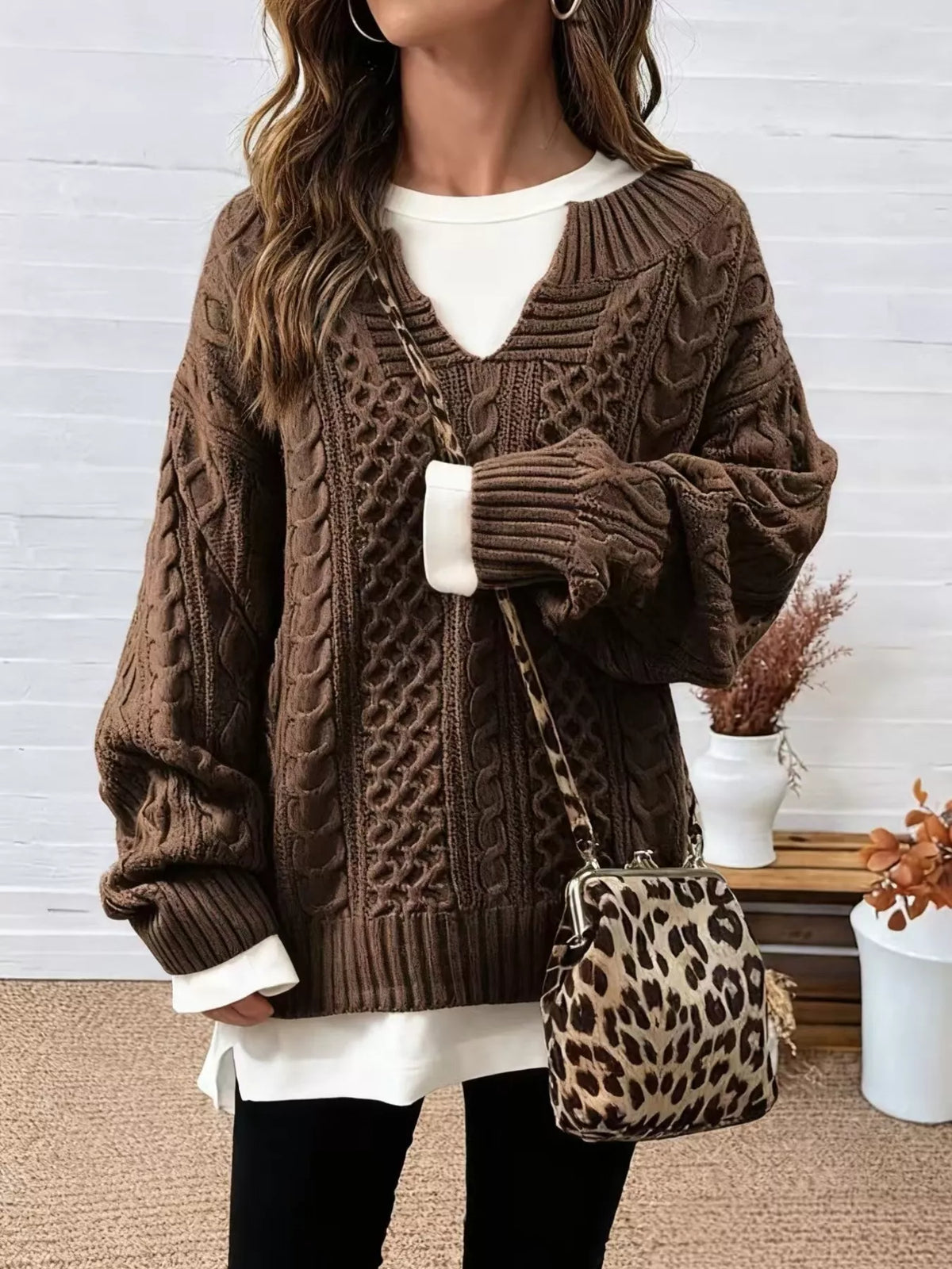 full size cable knit dropped shoulder sweater plus | dropsona - neutral - everyday use