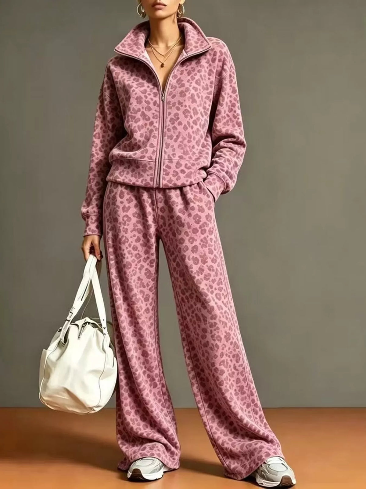 leopard print zip-up outerwear and pants set | dropsona - neutral - packaging