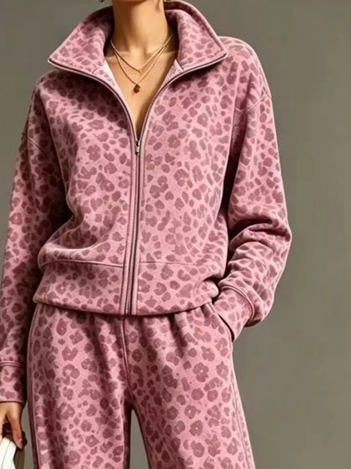 leopard print zip-up outerwear and pants set | dropsona - neutral - front view