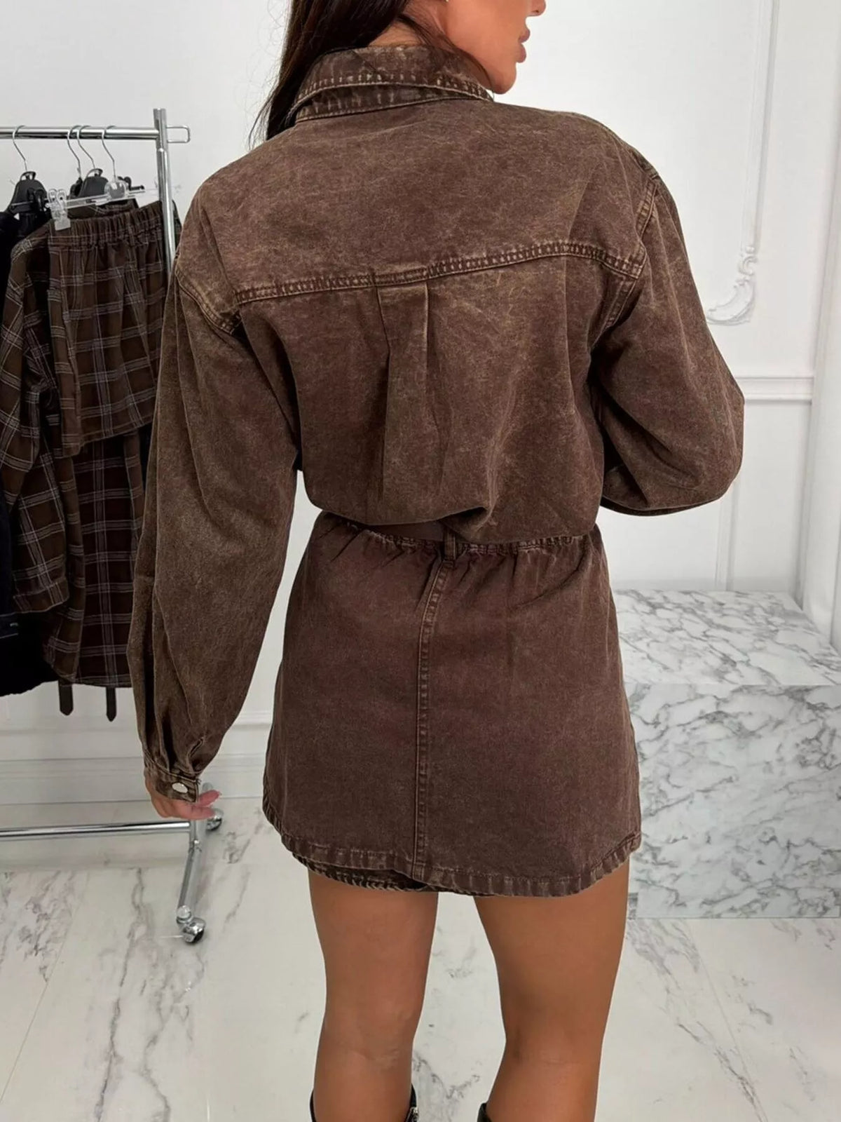 vintage washed denim jacket with chest pockets | dropsona - neutral - close-up detail