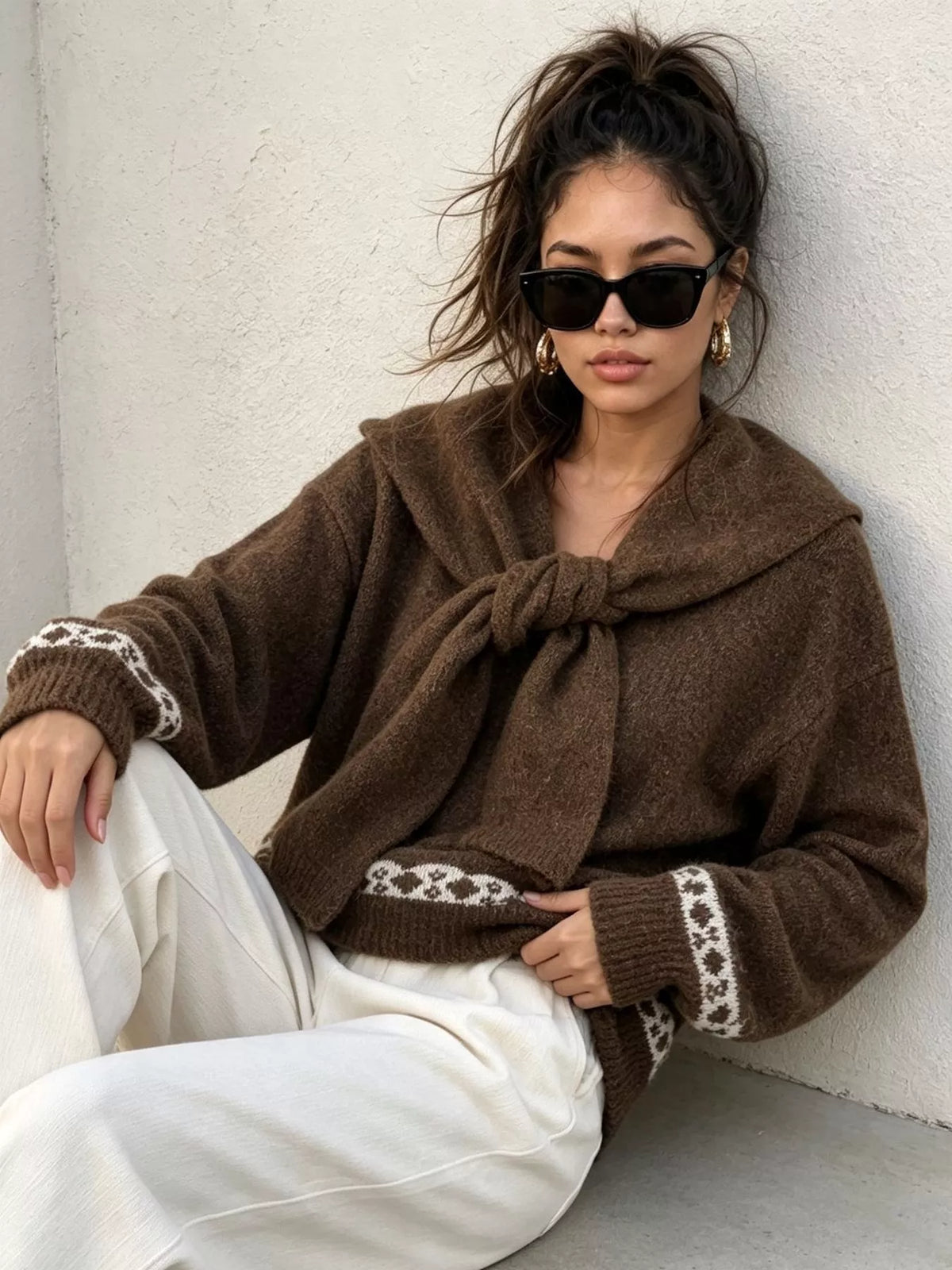 scarf detail dropped shoulder sweater – basic style | dropsona - neutral - usage example