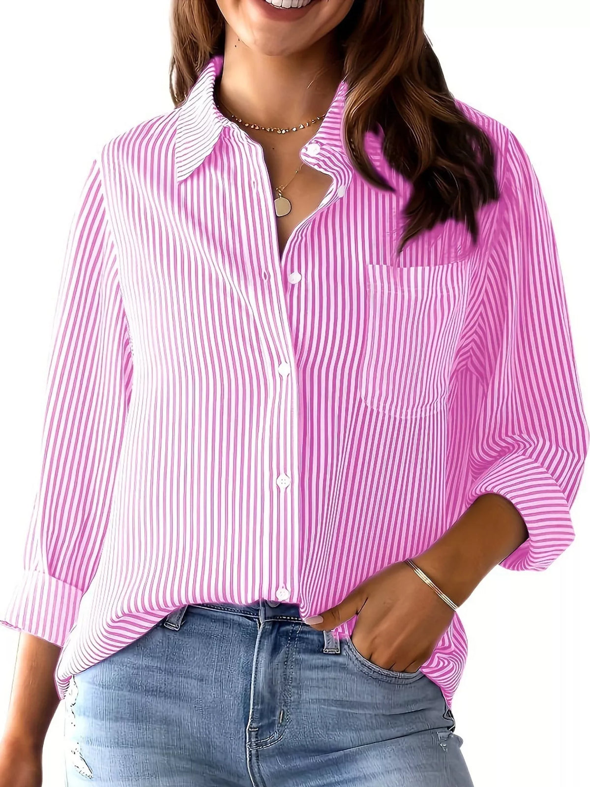 full size striped button-down long sleeve shirt plus | dropsona - neutral - front view
