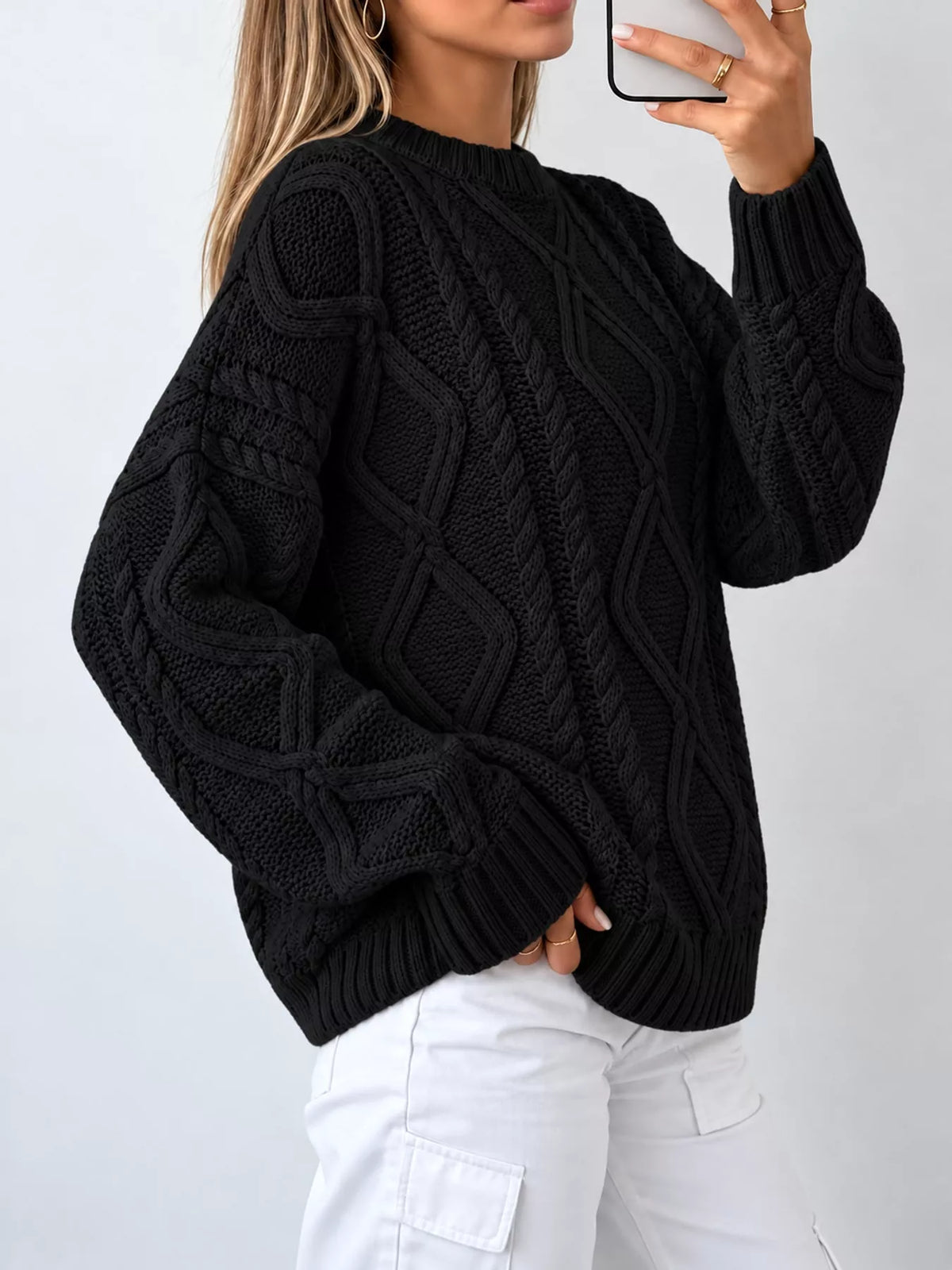 full size cable-knit round neck sweater plus | dropsona - neutral - material texture